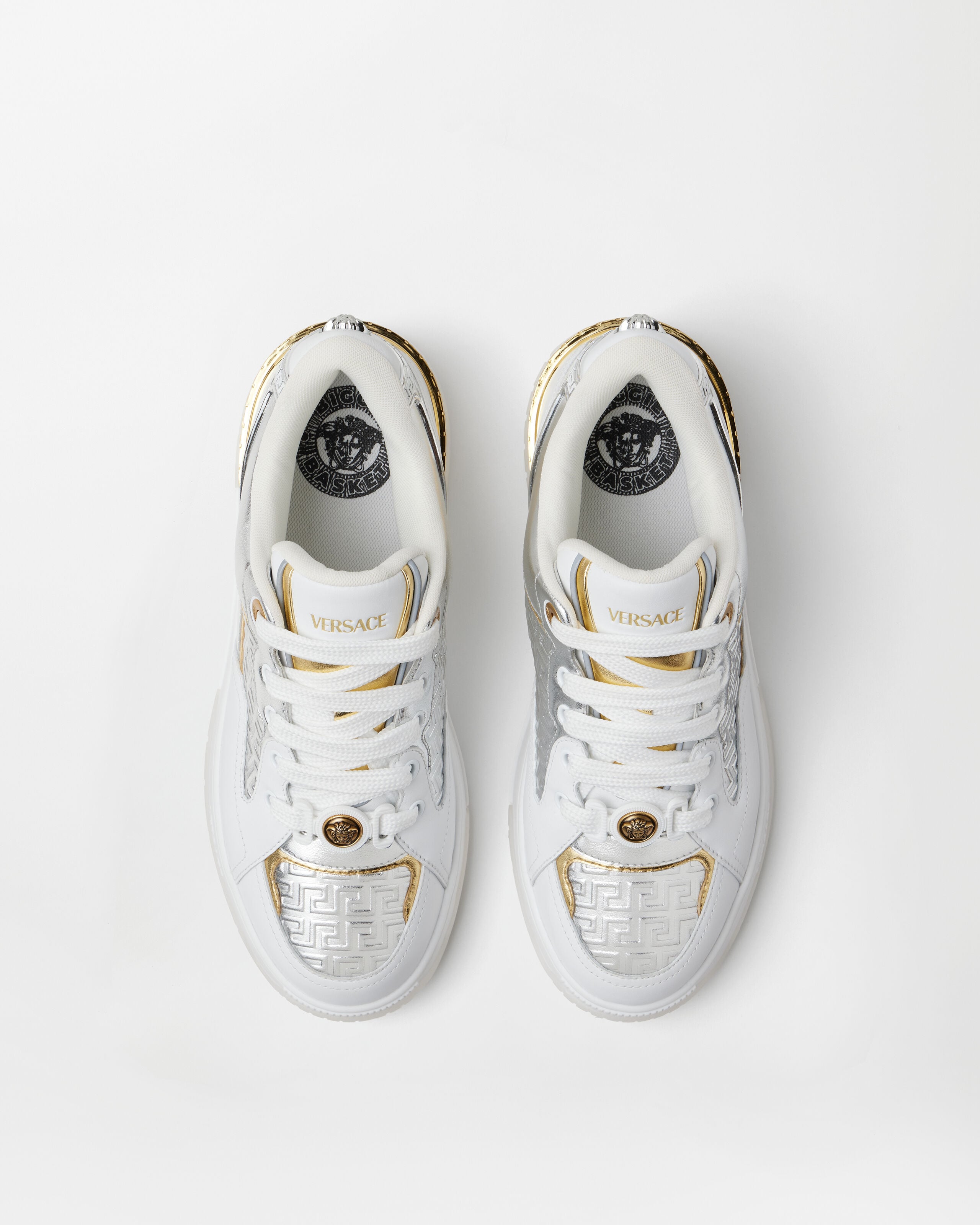 Biggie Basket Metallic Leather Sneakers Silver,Gold | VERSACE US