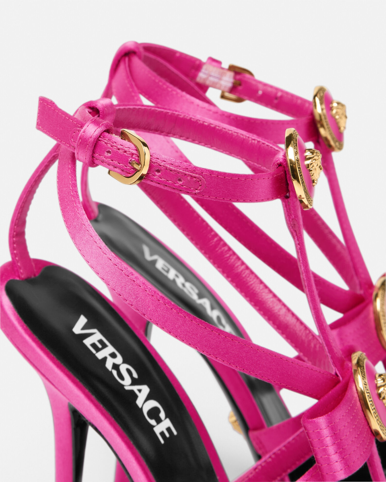 Gianni Ribbon Cage Satin Pumps 110 mm Pink | VERSACE US