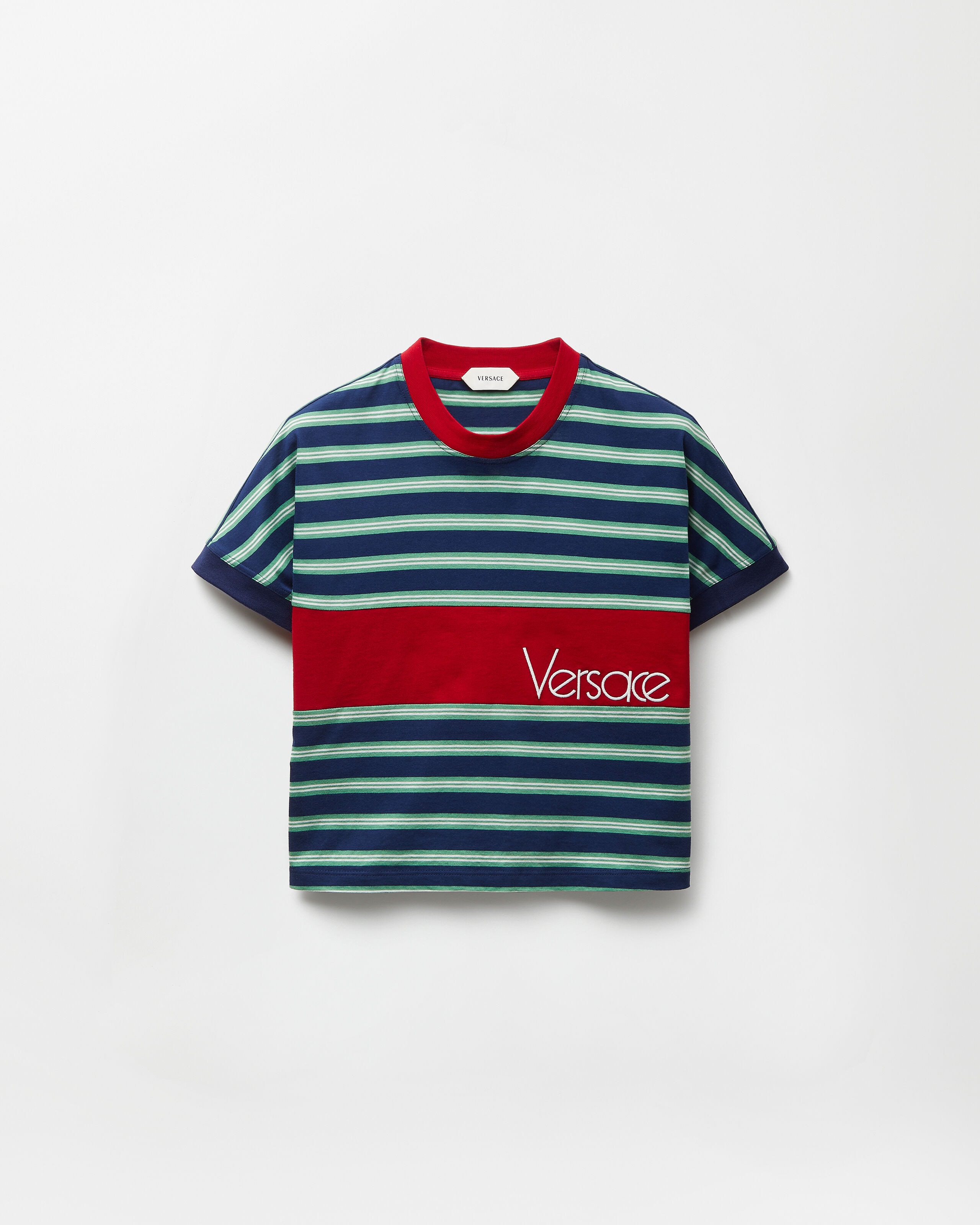刺绣Logo条纹嵌花棉质T恤蓝色,红色| VERSACE