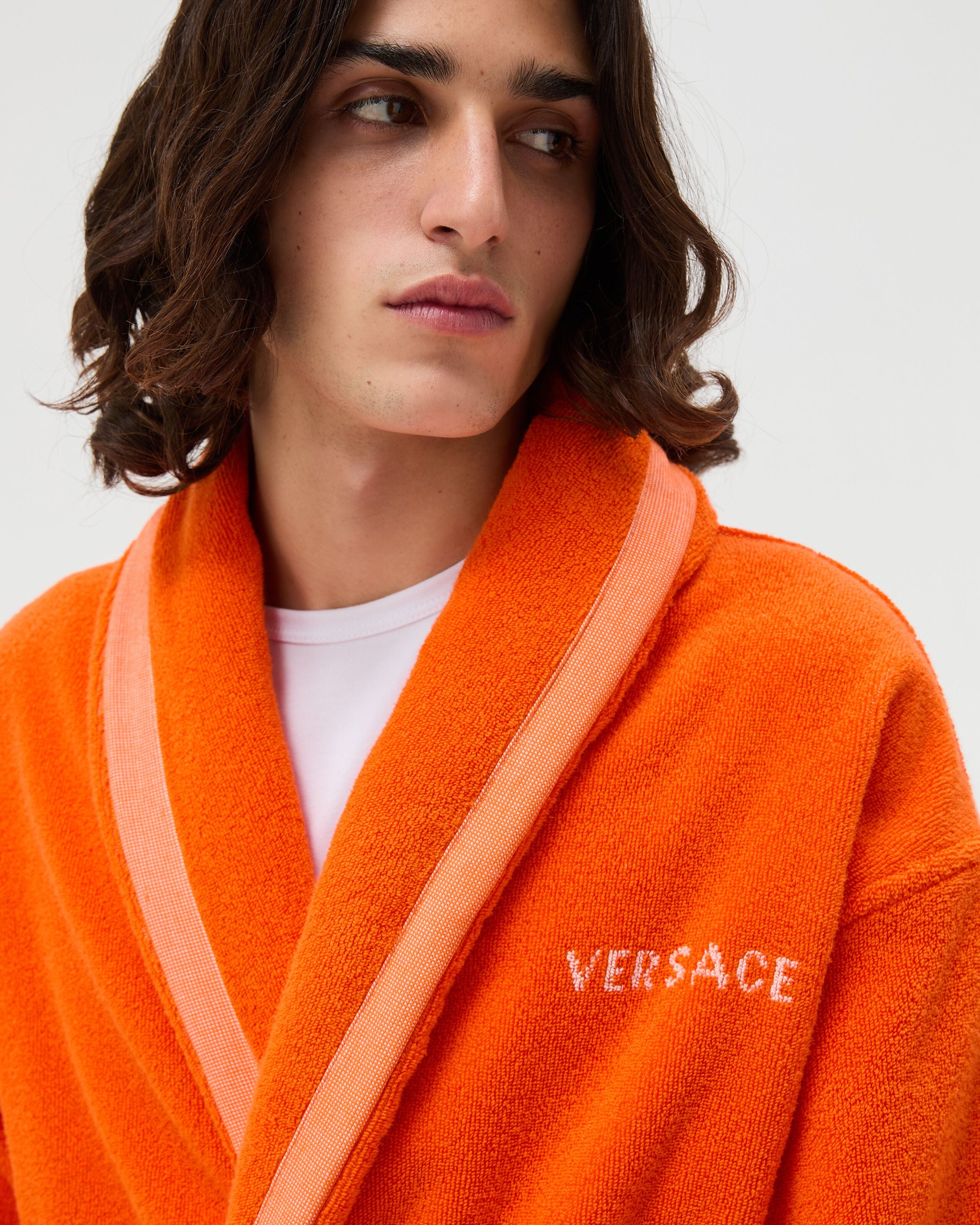 Cotton-Terry Jacquard Bathrobe Orange | VERSACE US