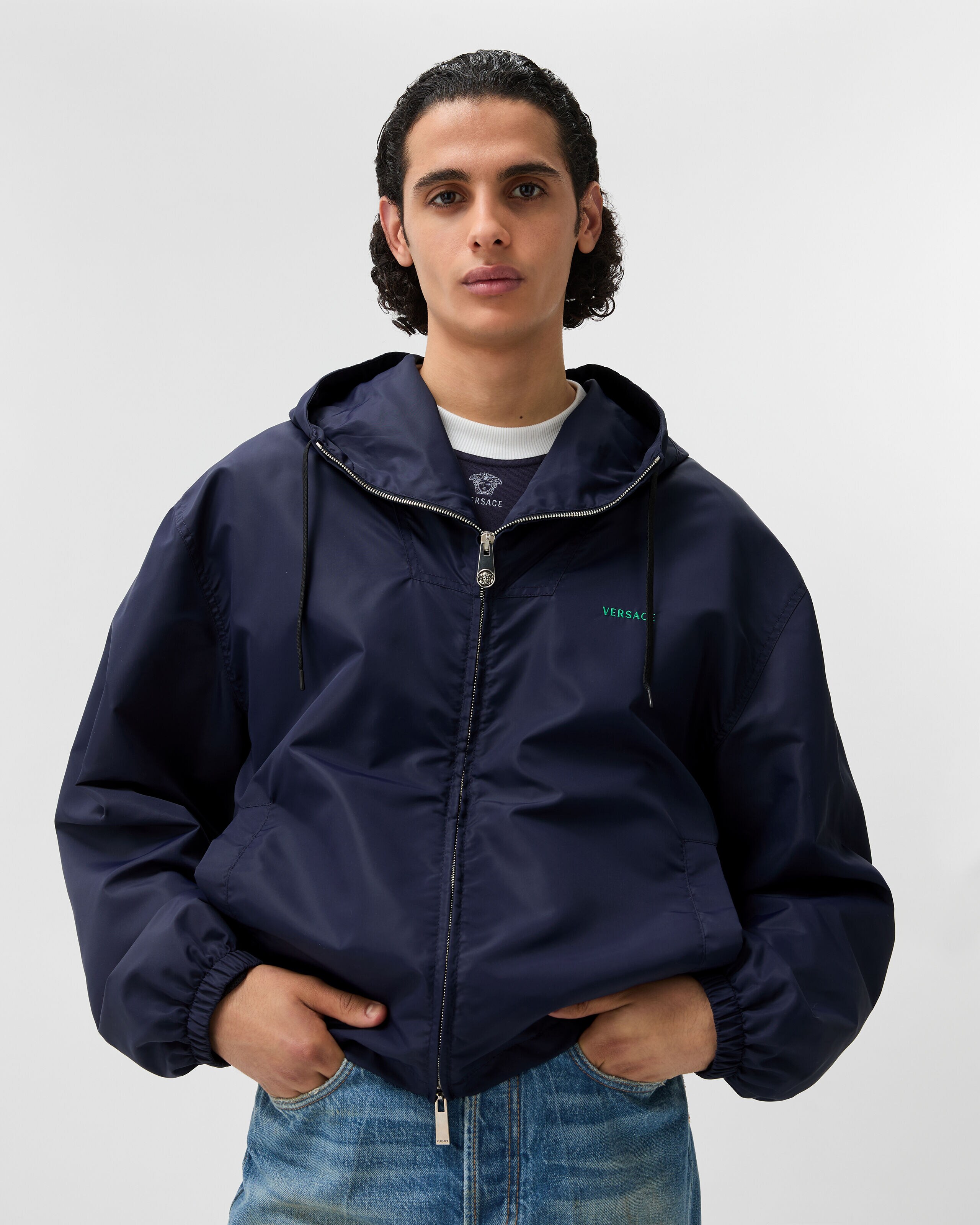 Embroidered Nylon Windbreaker Blue | VERSACE