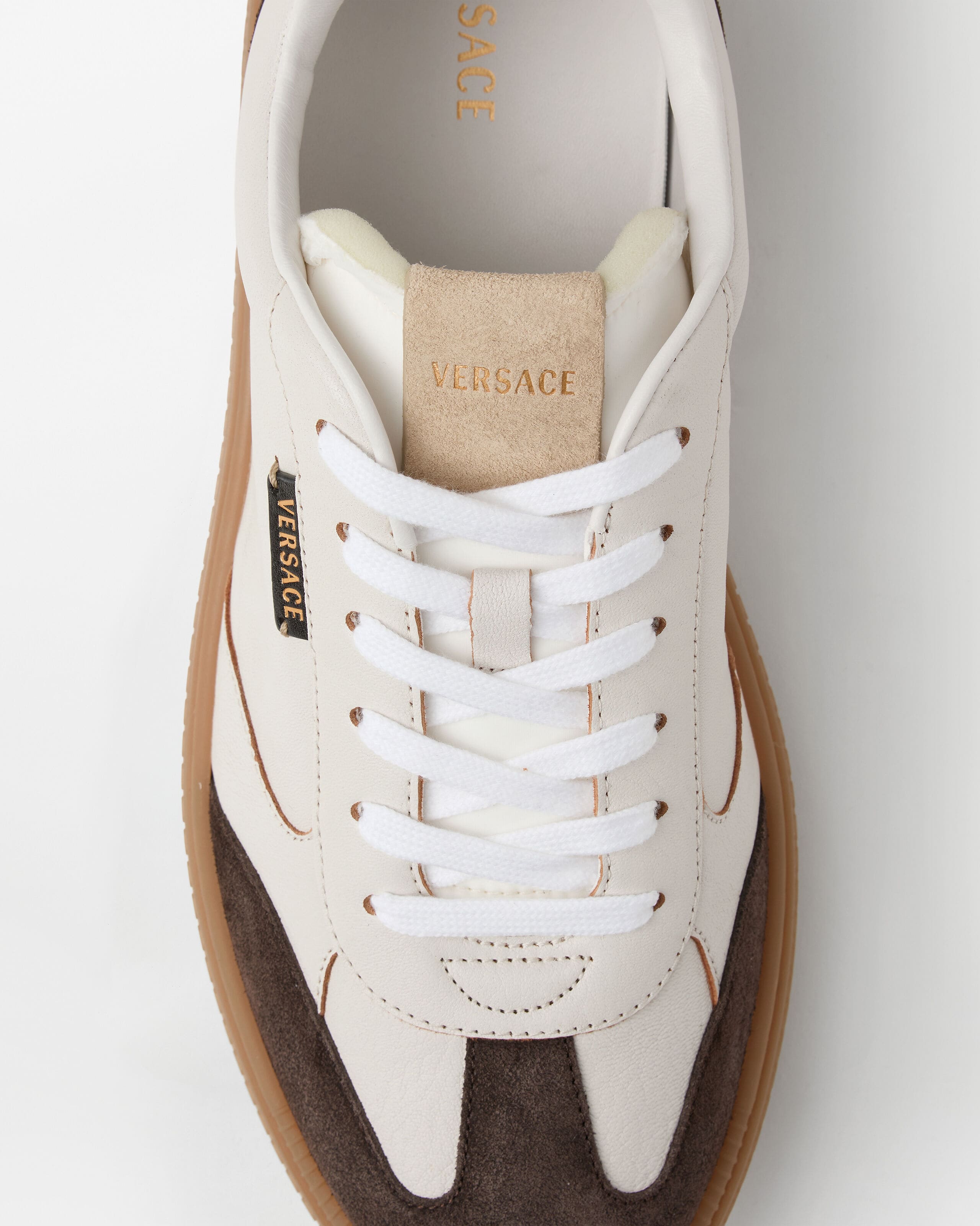 Greca Court Nappa & Suede Sneakers Brown,White | VERSACE US