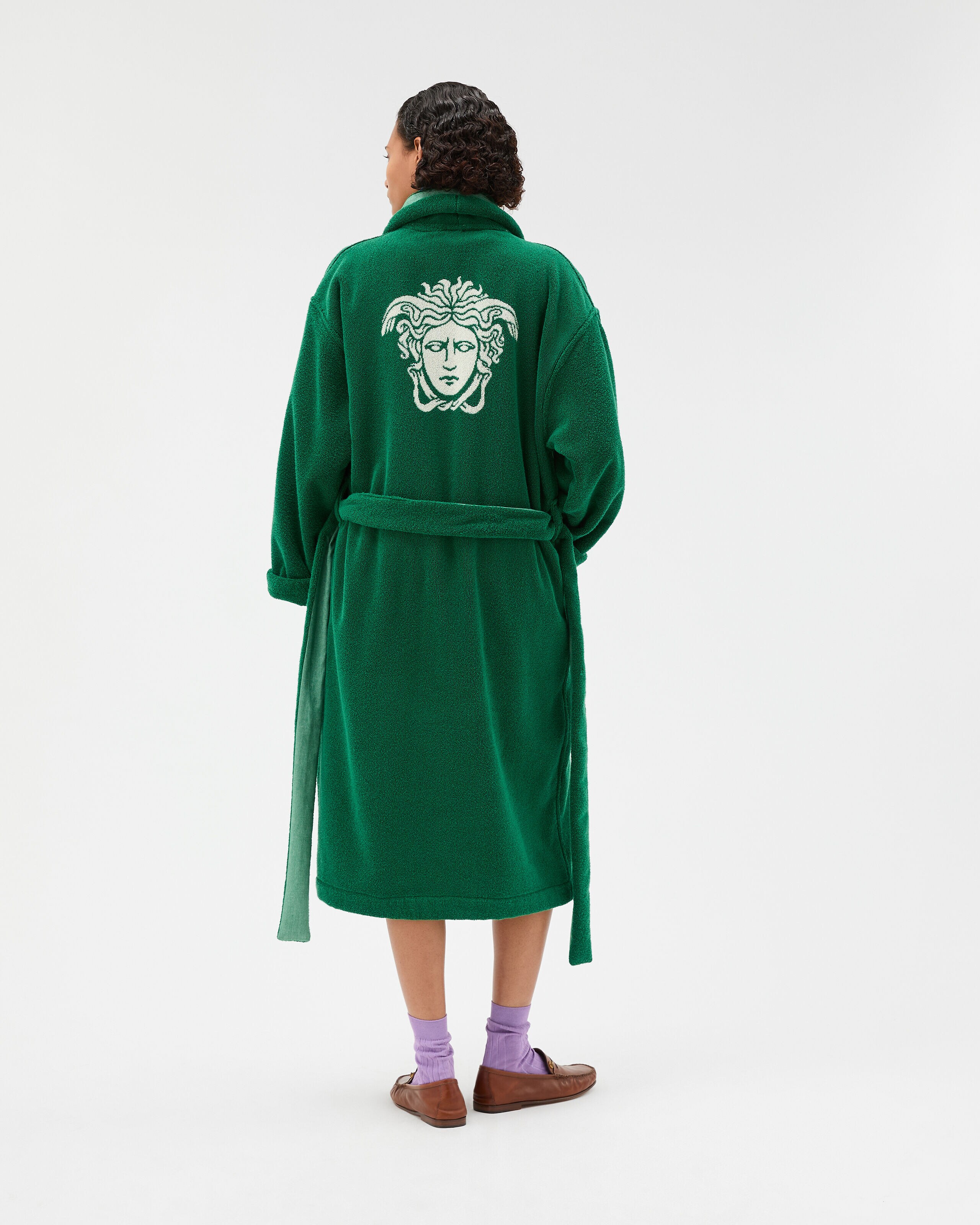 Cotton-Terry Jacquard Bathrobe Green | VERSACE US