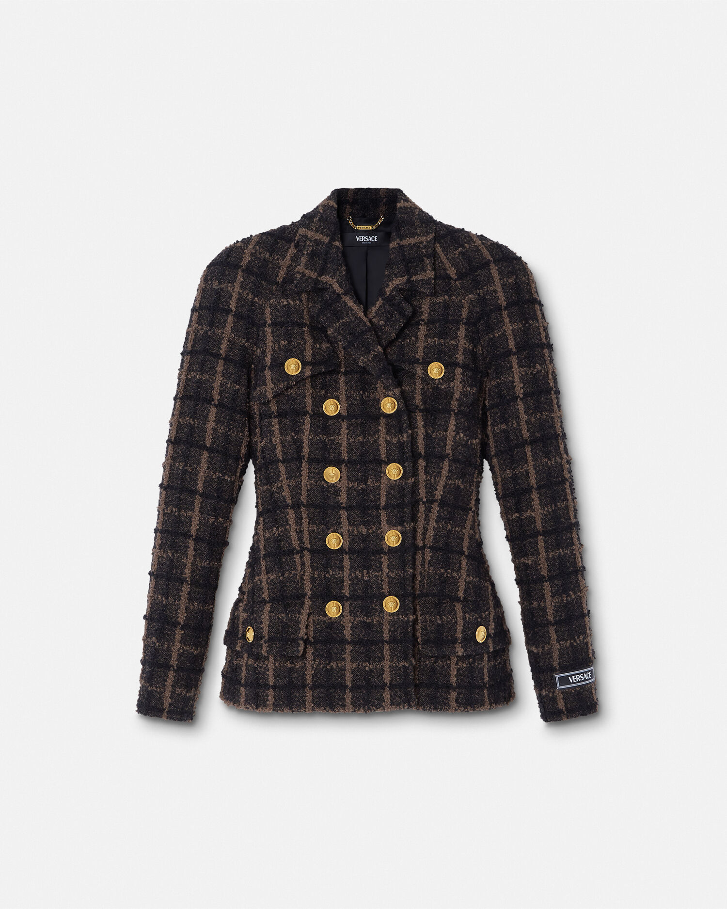 Boucle Tweed Fitted Raglan Blazer Brown VERSACE CA