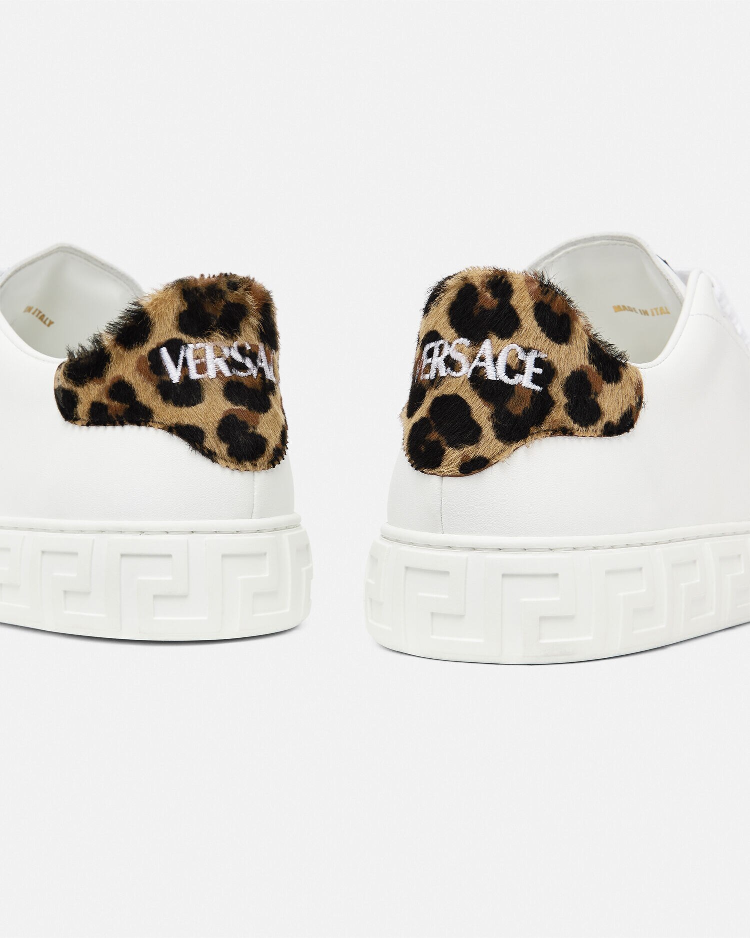 Leopard Pony Effect Greca Trainers White VERSACE