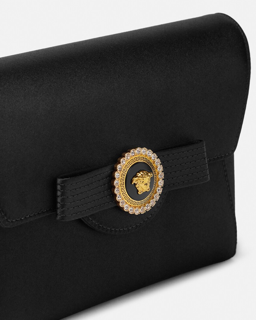 Crystal Gianni Ribbon Satin Clutch Black+Gold 4