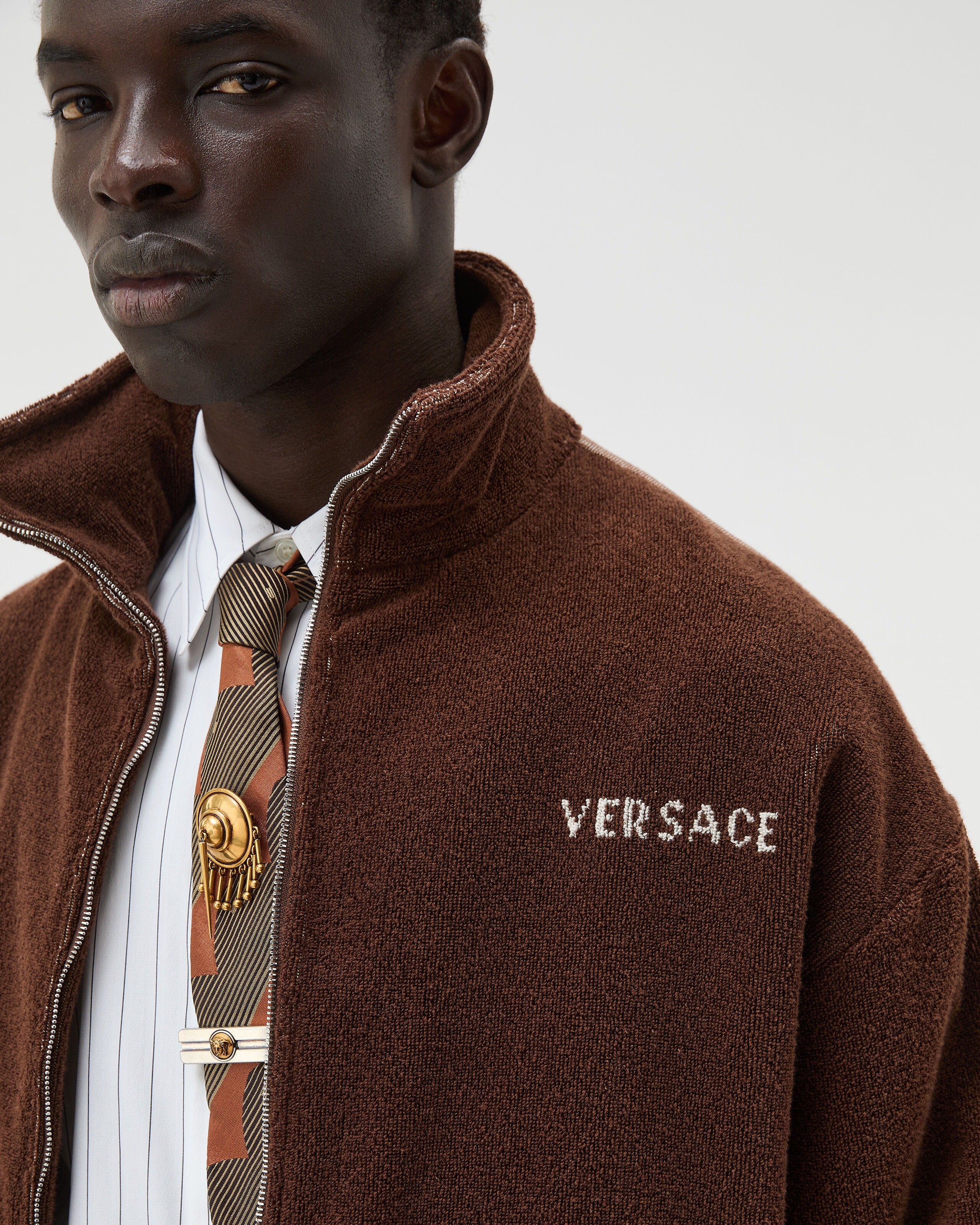 Cotton-Terry Jacquard Zip Sweatshirt Brown | VERSACE