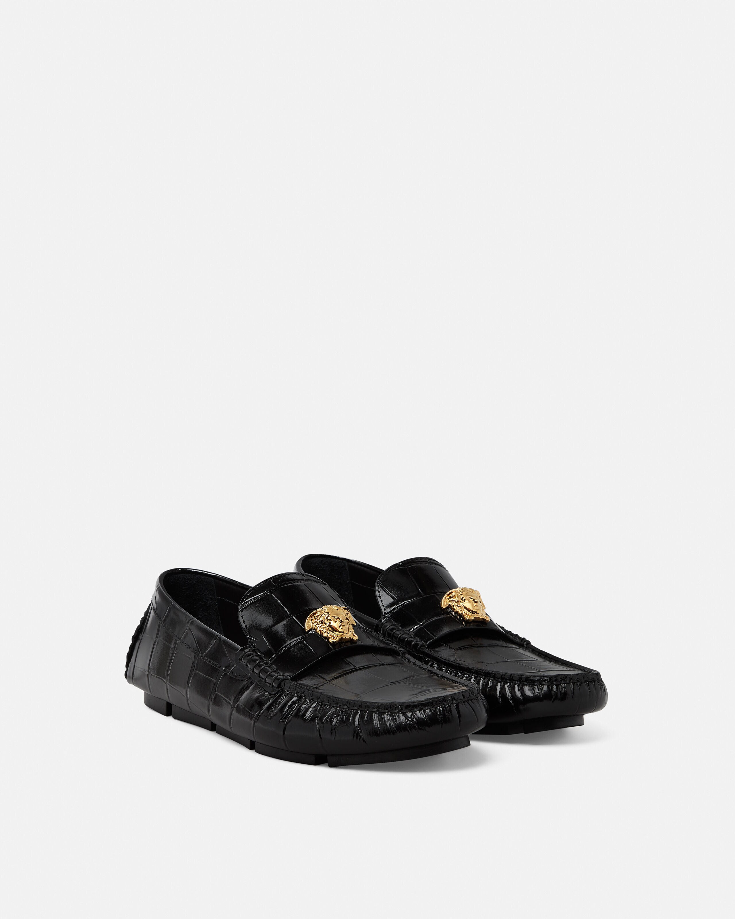 Medusa Leather Driver Shoes Black,Gold | VERSACE US