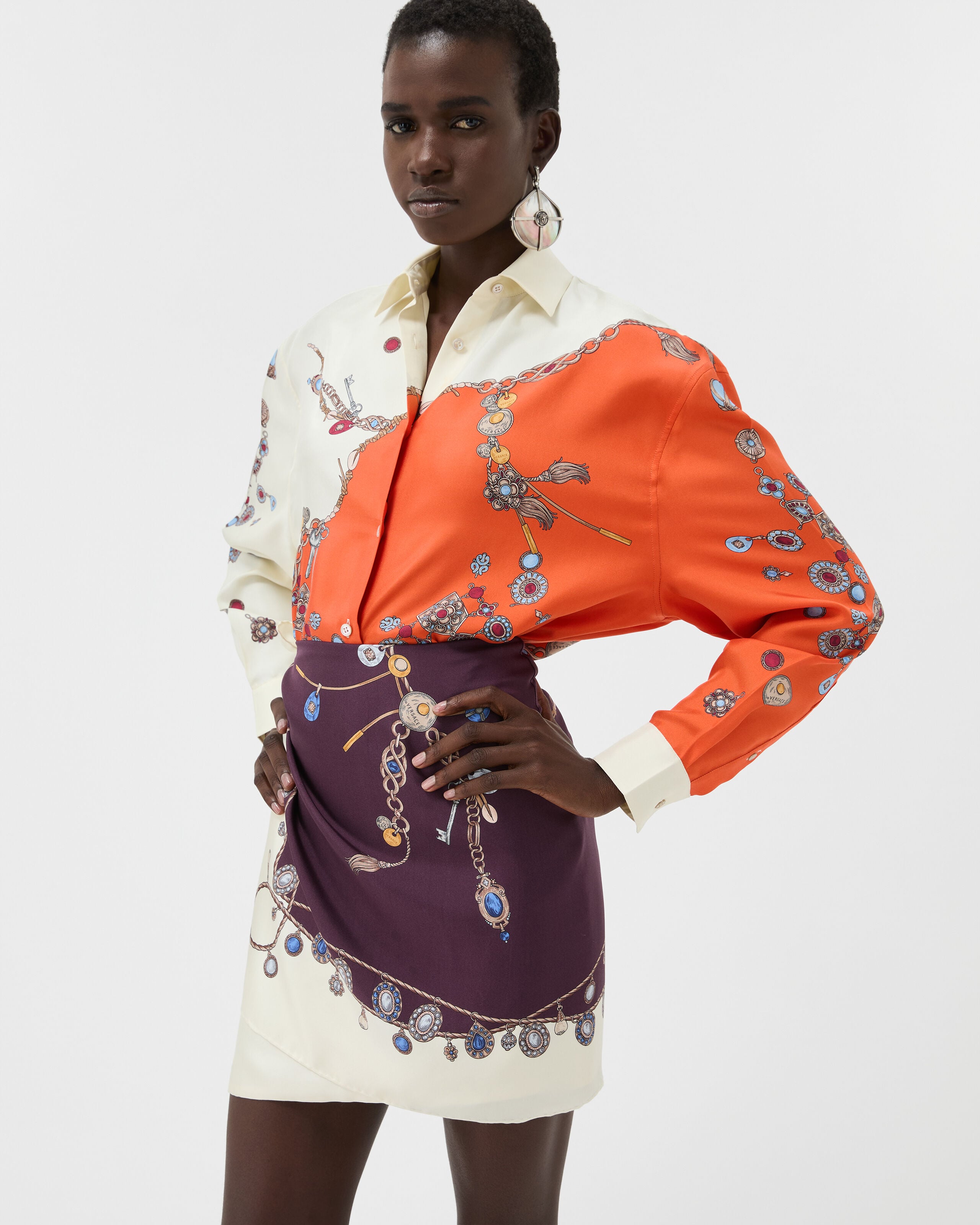 Printed Silk Twill Shirt Orange | VERSACE US