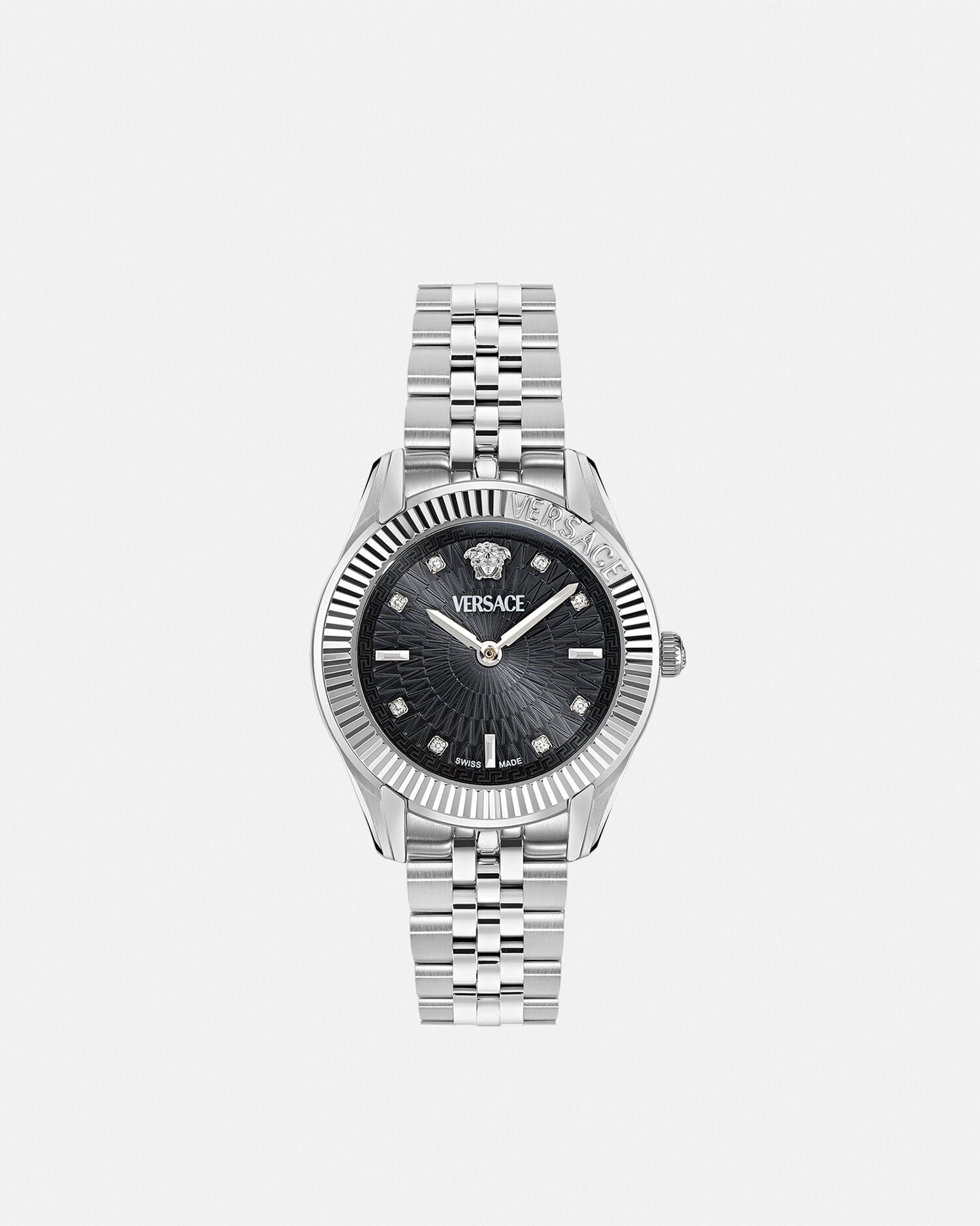 Greca Time Diamond Watch Black,Silver | VERSACE US