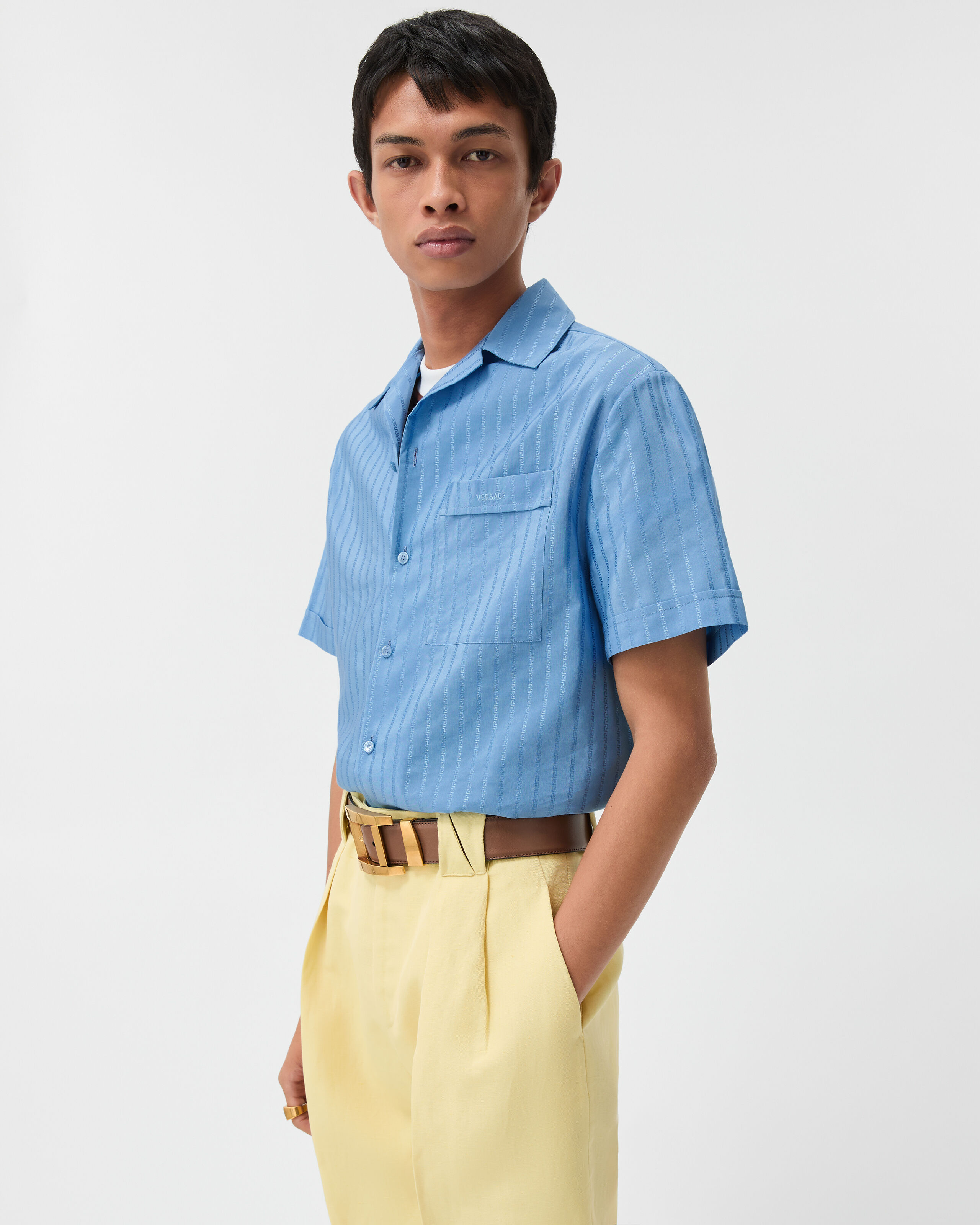 Jacquard Cotton-Silk Regular Shirt Blue | VERSACE US
