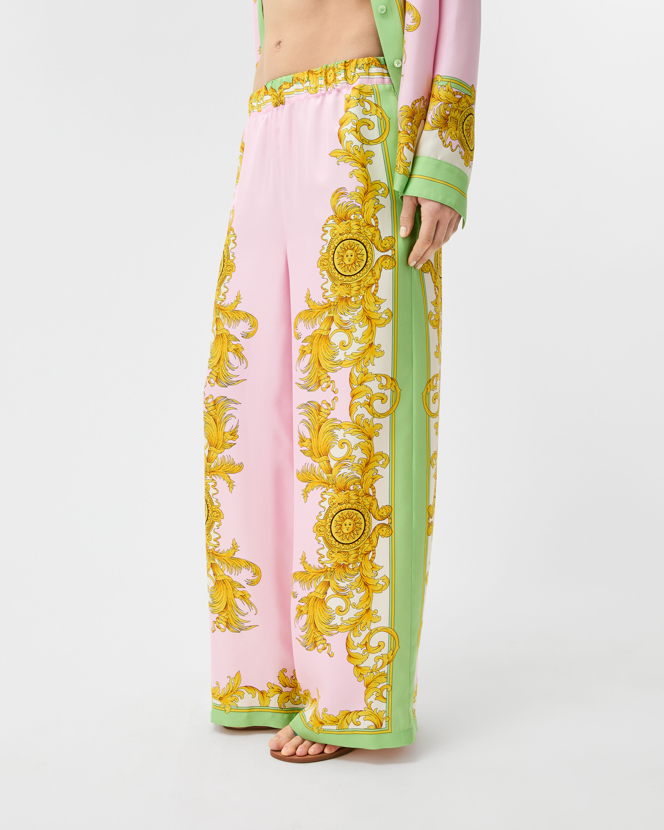 Printed Silk Twill Pajama-Style Pants Yellow,Pink | VERSACE US