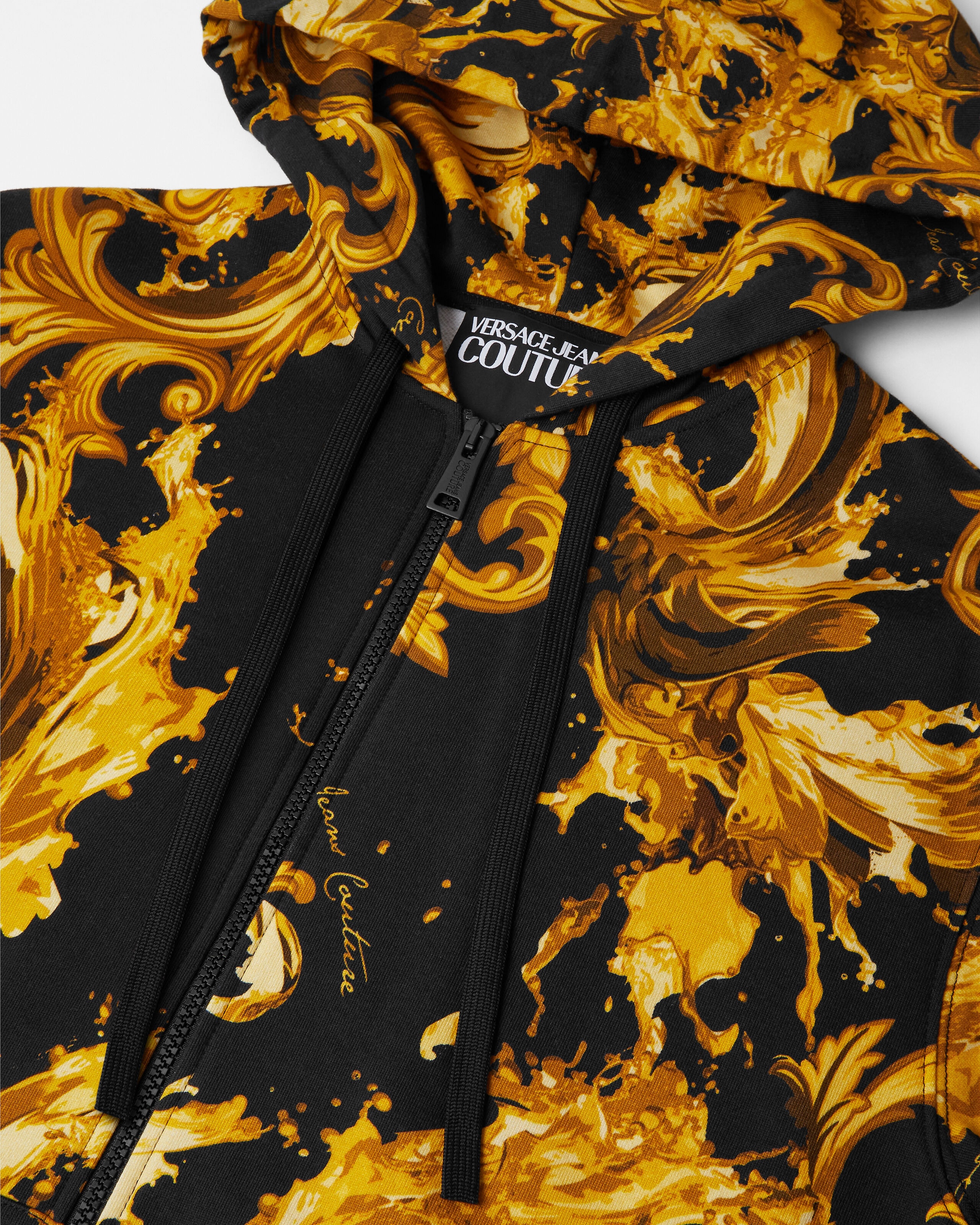 Printed Cotton-Jersey Zip Hoodie Black,Gold | VERSACE US
