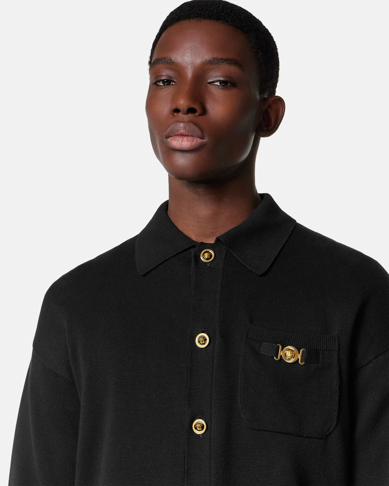 Cashmere-Cotton Knit Polo Cardigan Black | VERSACE US