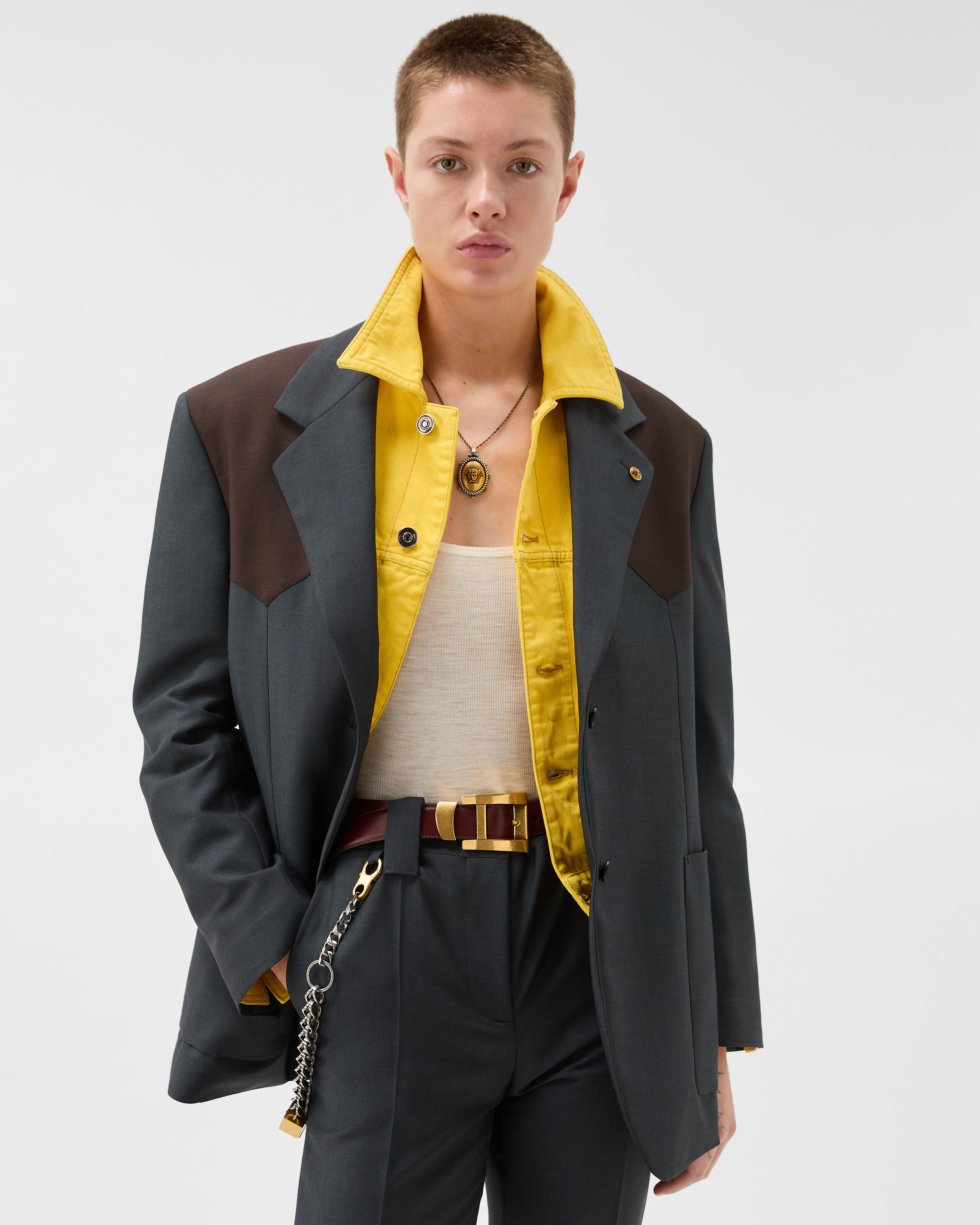 Wool-Mohair Blazer Gray,Brown | VERSACE US