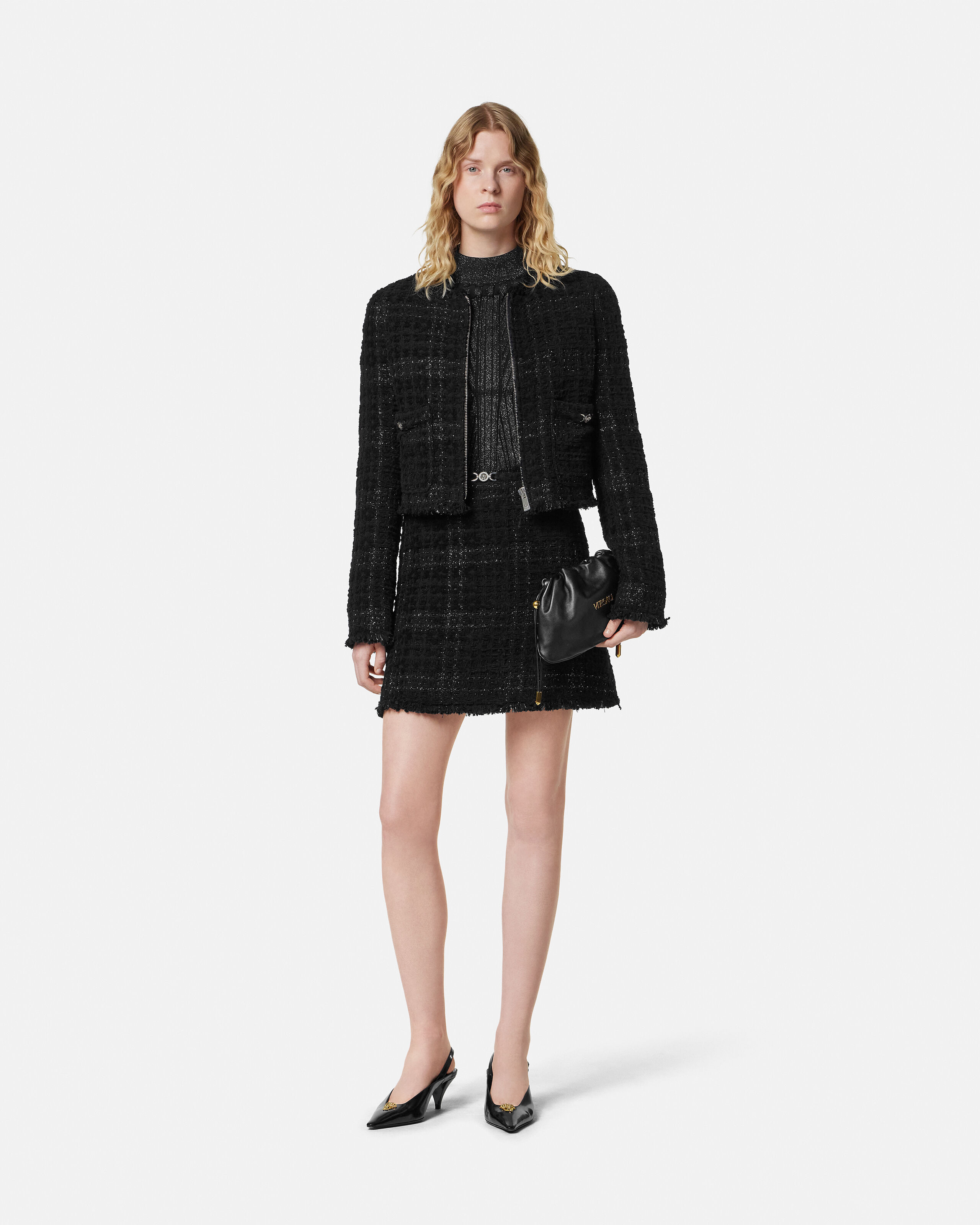 Tweed Cotton Zipped Jacket Black | VERSACE US