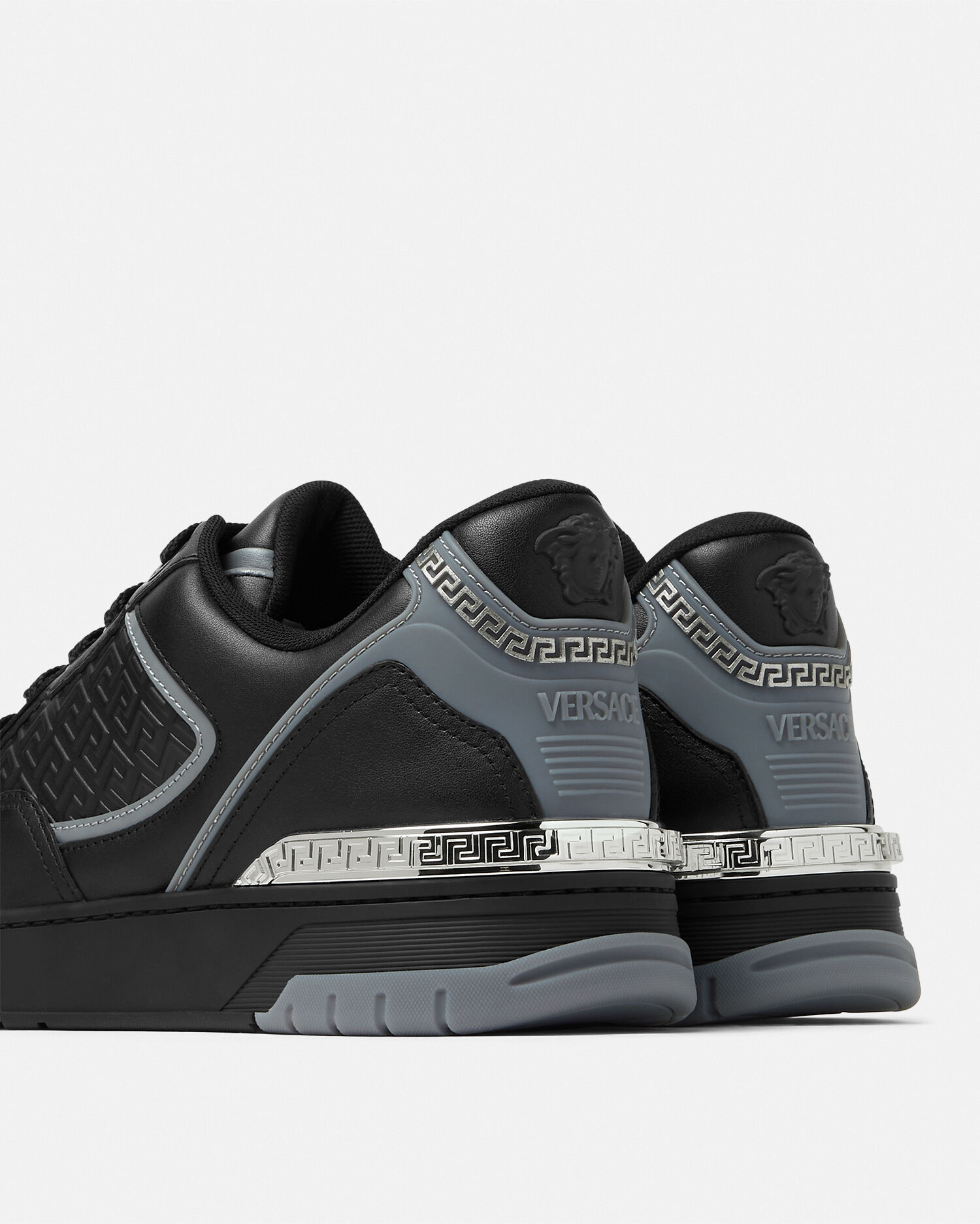 Biggie Basket Leather Sneakers Black,Silver | VERSACE US