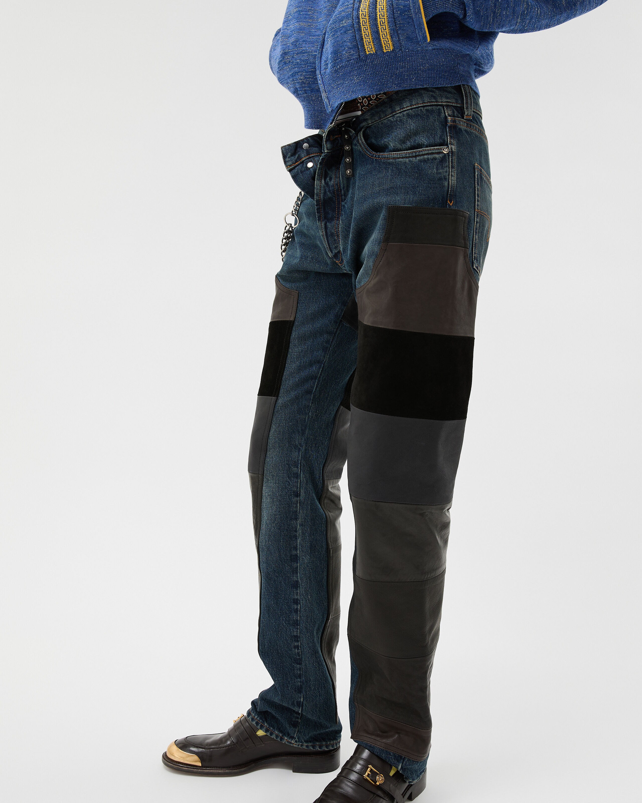 Leather Patchwork Straight Jeans Blue,Black | VERSACE US