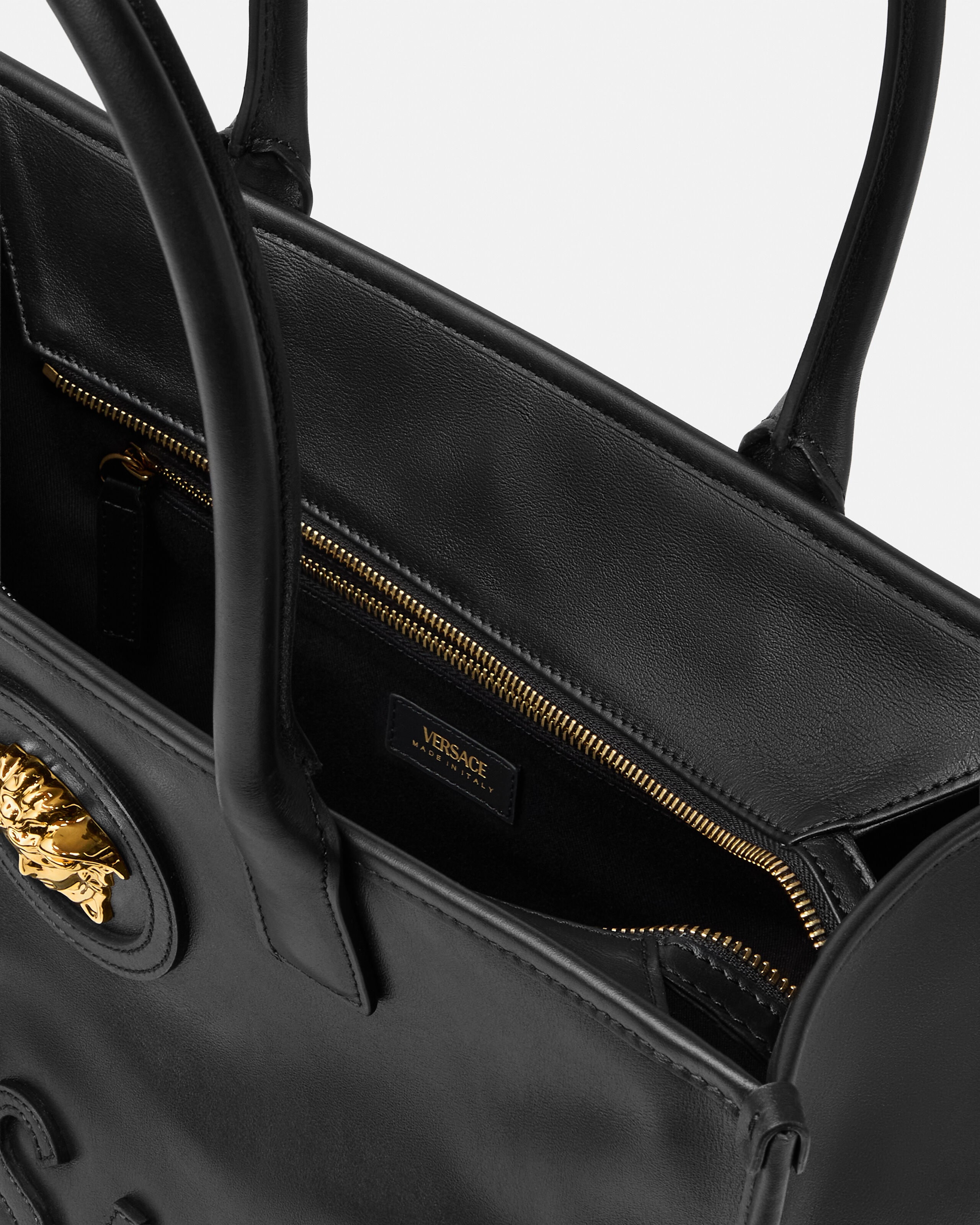 La Medusa Large Leather Tote Black,Gold | VERSACE US