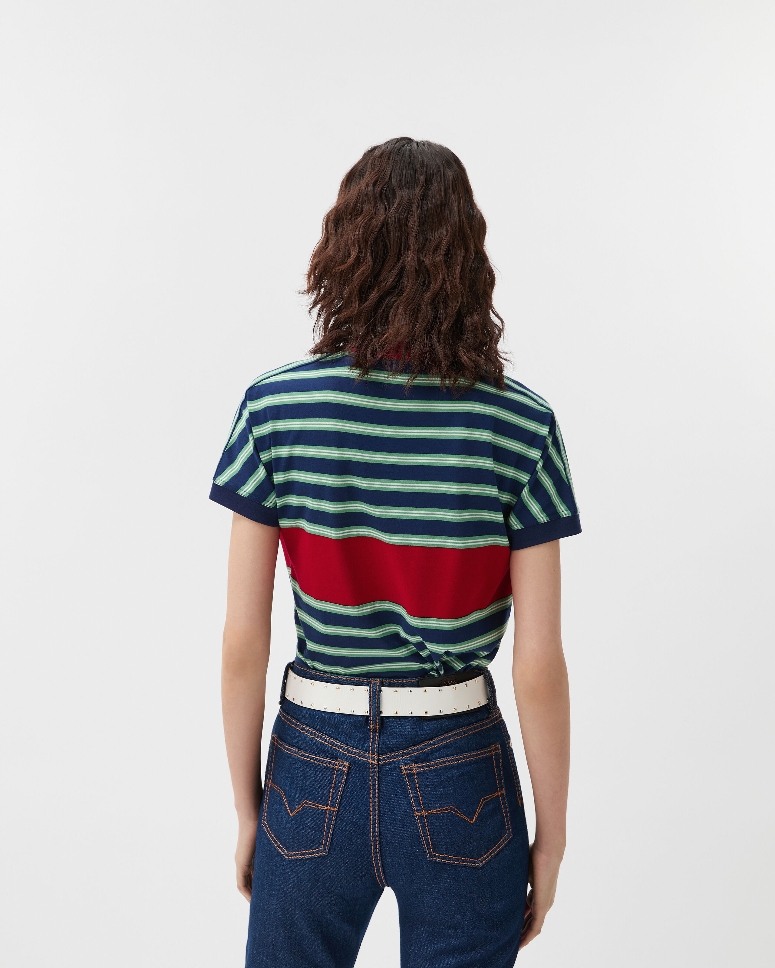 Embroidered-Logo Striped-Intarsia Cotton T-Shirt Blue,Red | VERSACE US