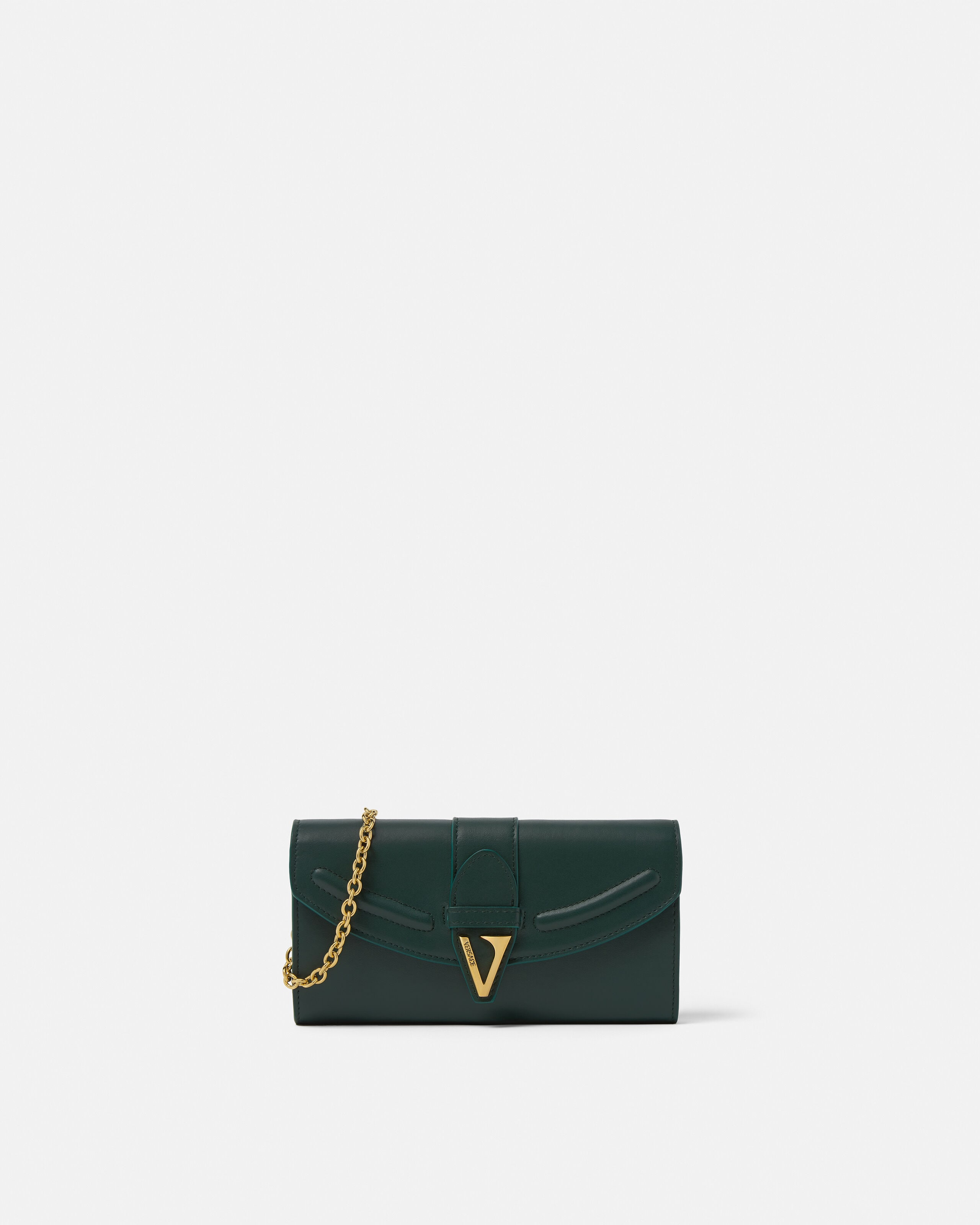 V Leather Wallet On Chain Green | VERSACE US