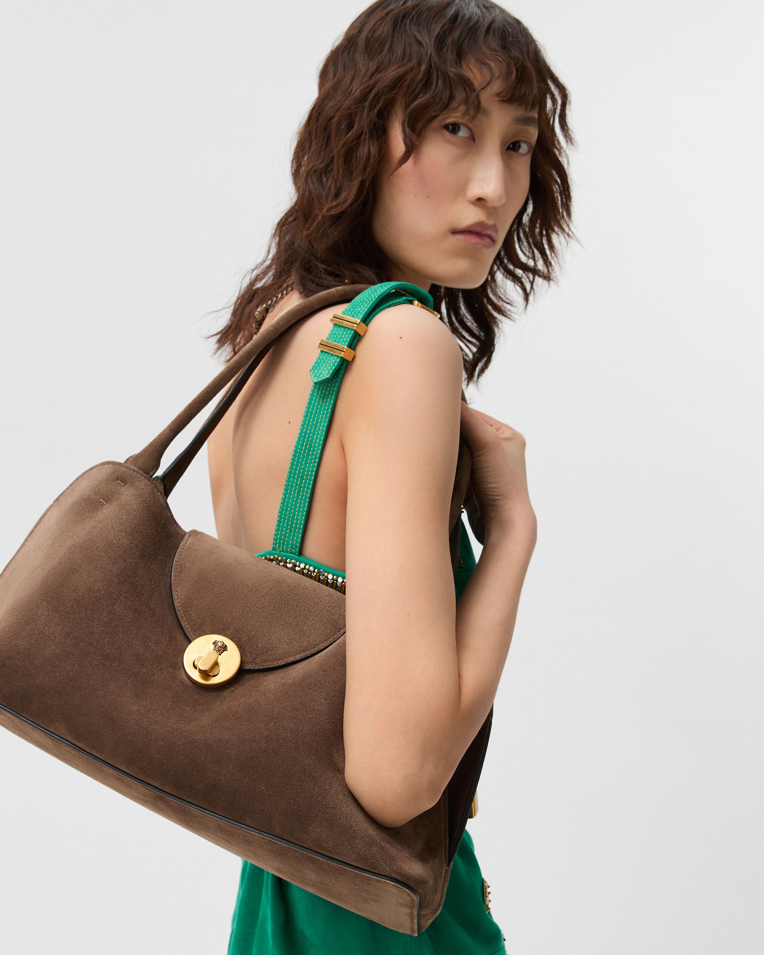 Vivian Suede East/West Shoulder Bag Brown | VERSACE US