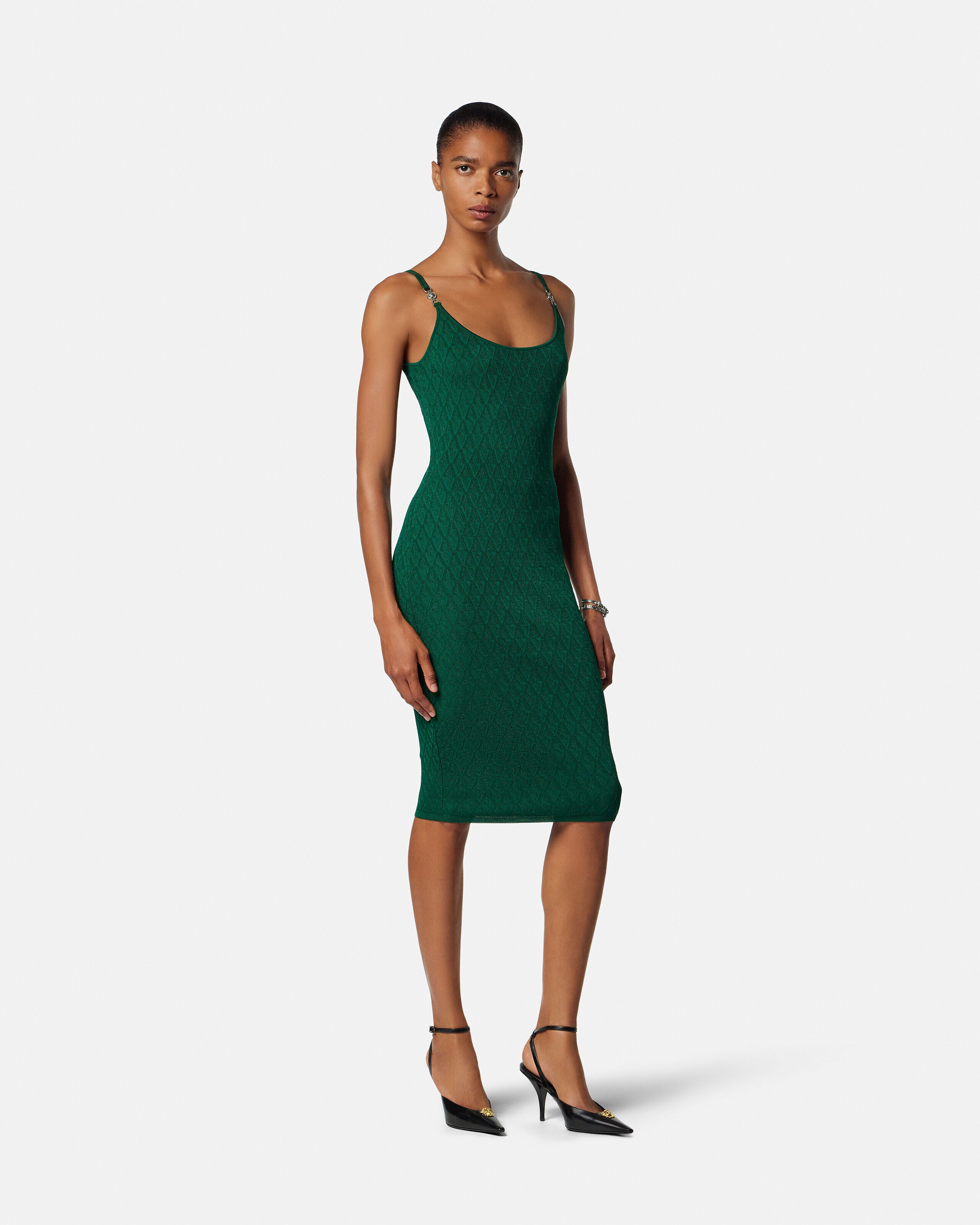 Jacquard Stretch Viscose Fitted Knit Mini Dress Green | VERSACE US