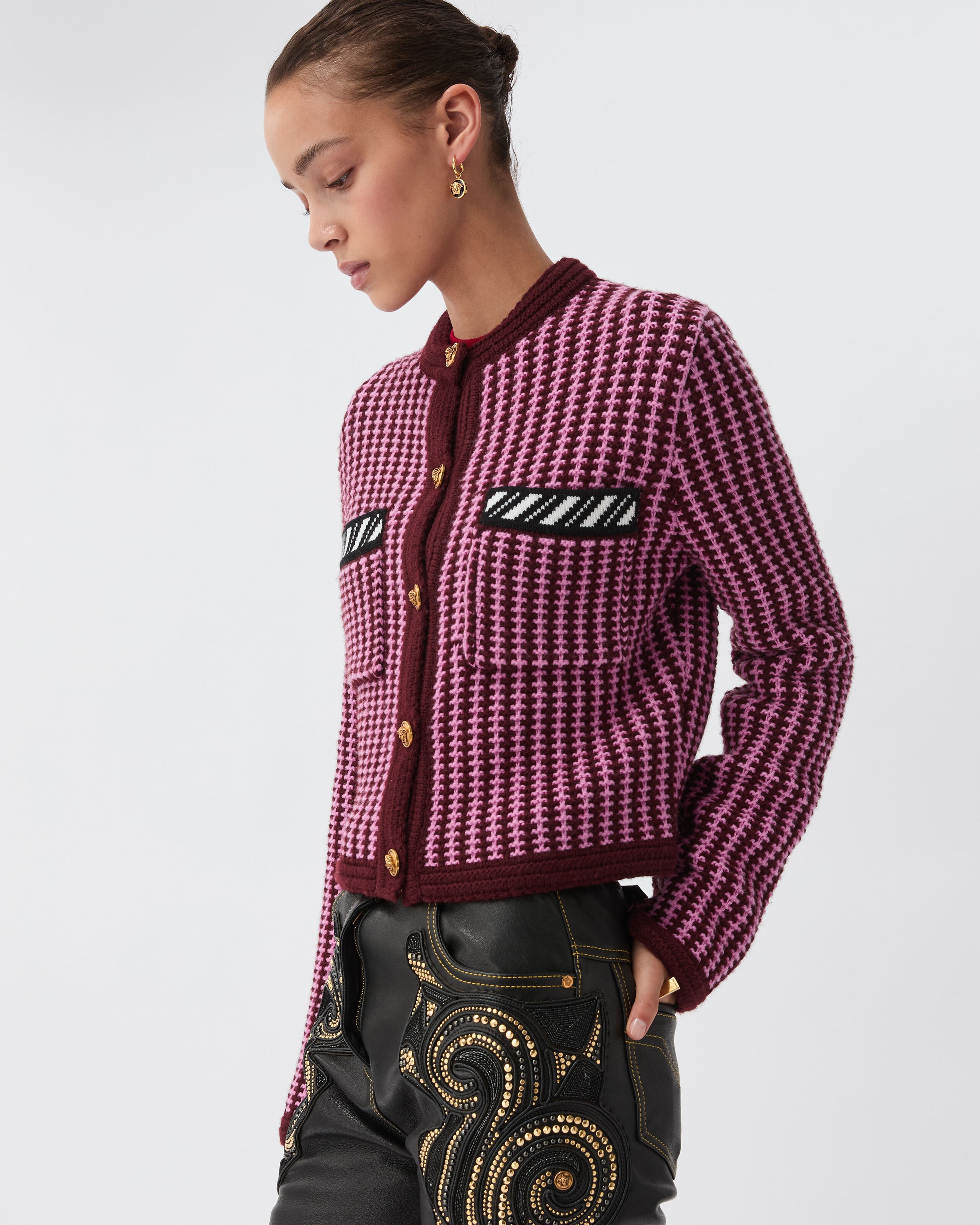 Wool Crochet-Stitch Knit Cardigan Pink | VERSACE