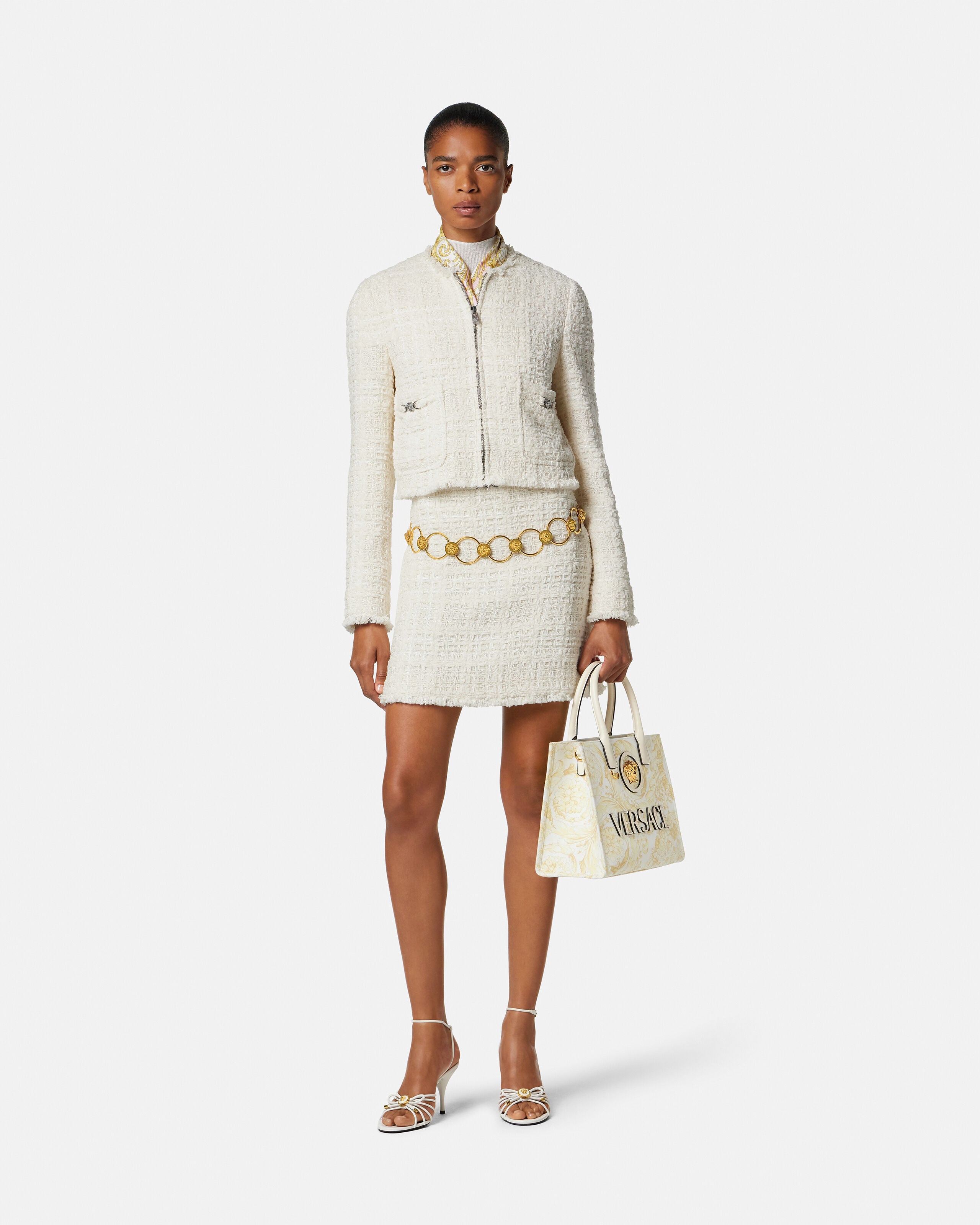 Tweed Cotton Mini Skirt White | VERSACE US