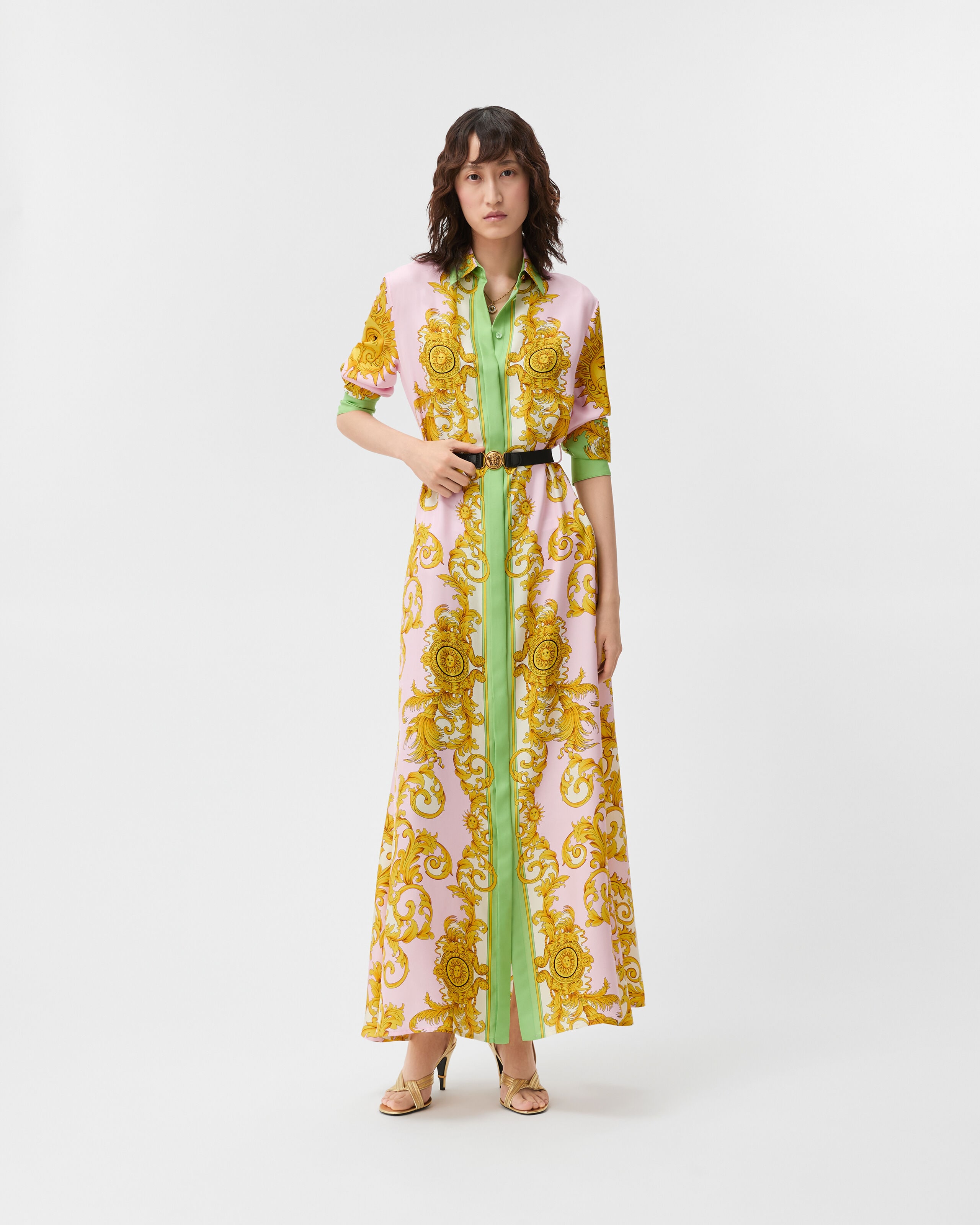 VERSACE COLLECTION ワンピース イエロー 40 Printed Silk Twill Long Dress Yellow,Pink | VERSACE US