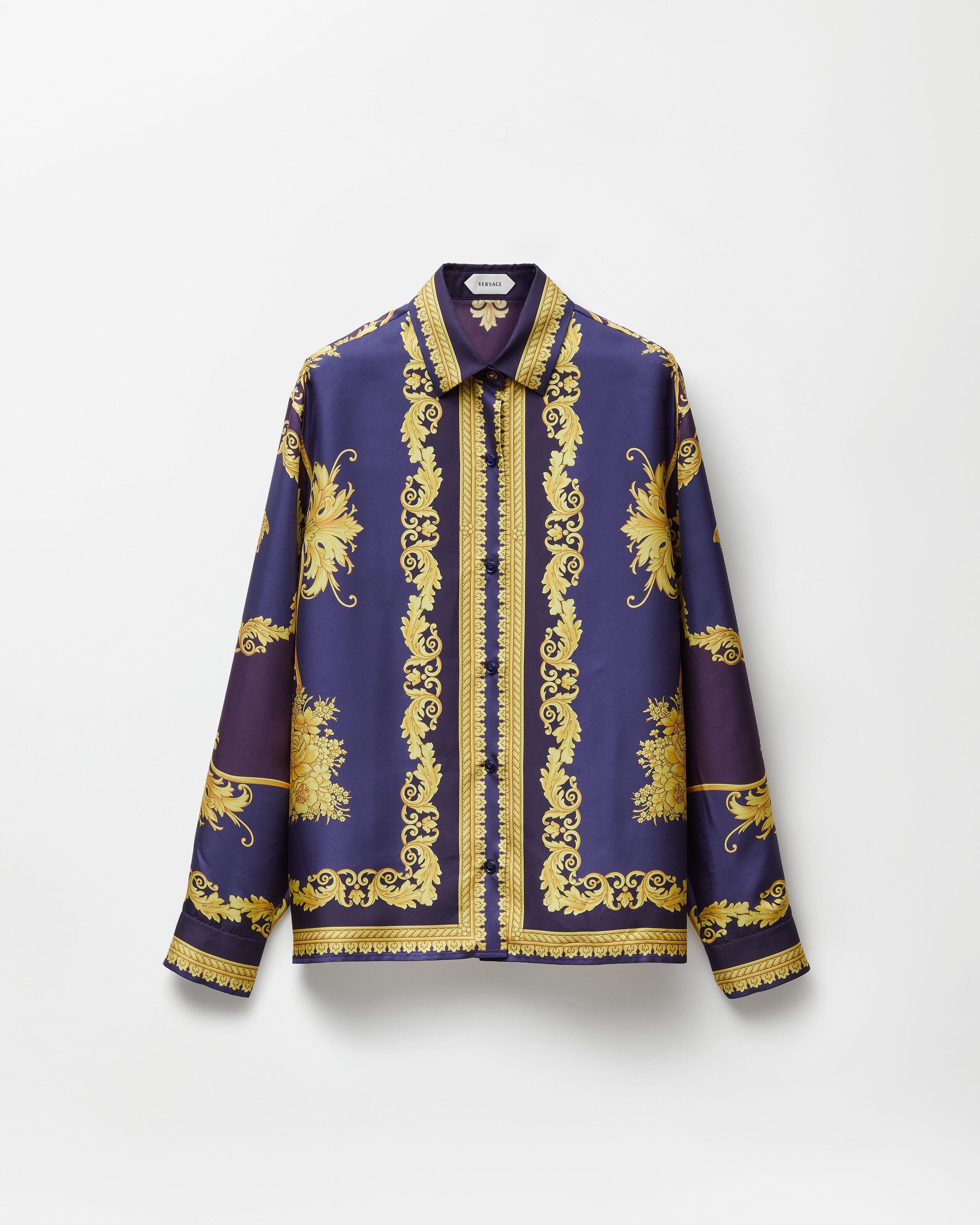Printed Silk Twill Shirt Purple,Gold | VERSACE