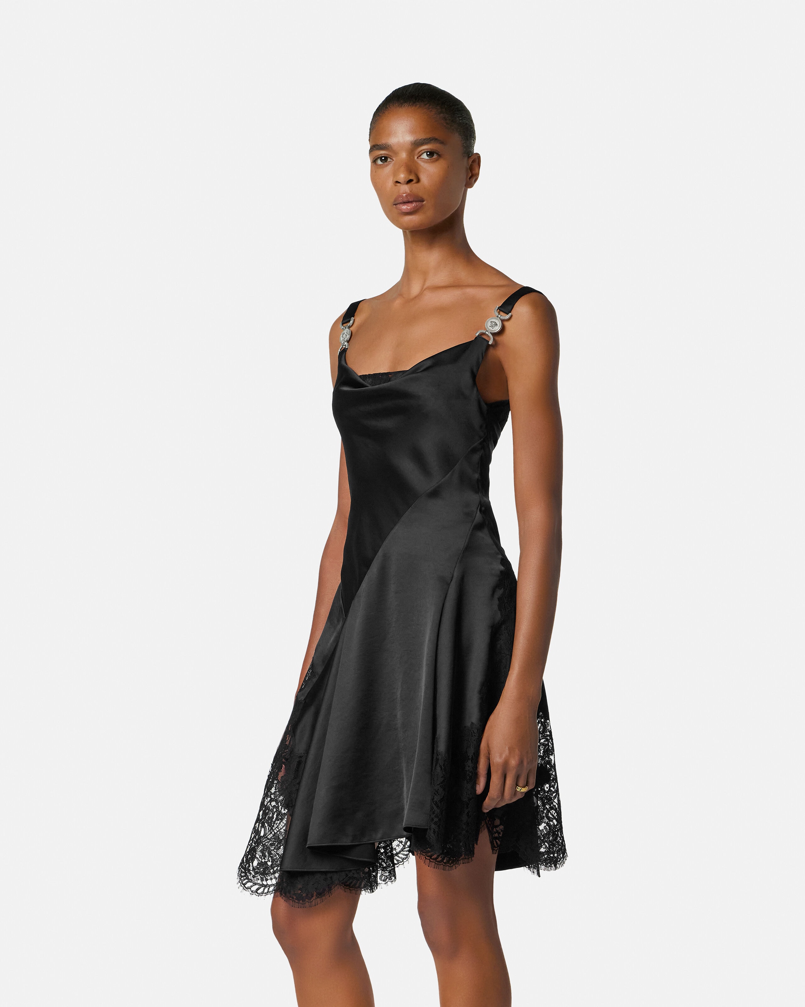 Lace-Trim Satin Mini Dress Black | VERSACE US