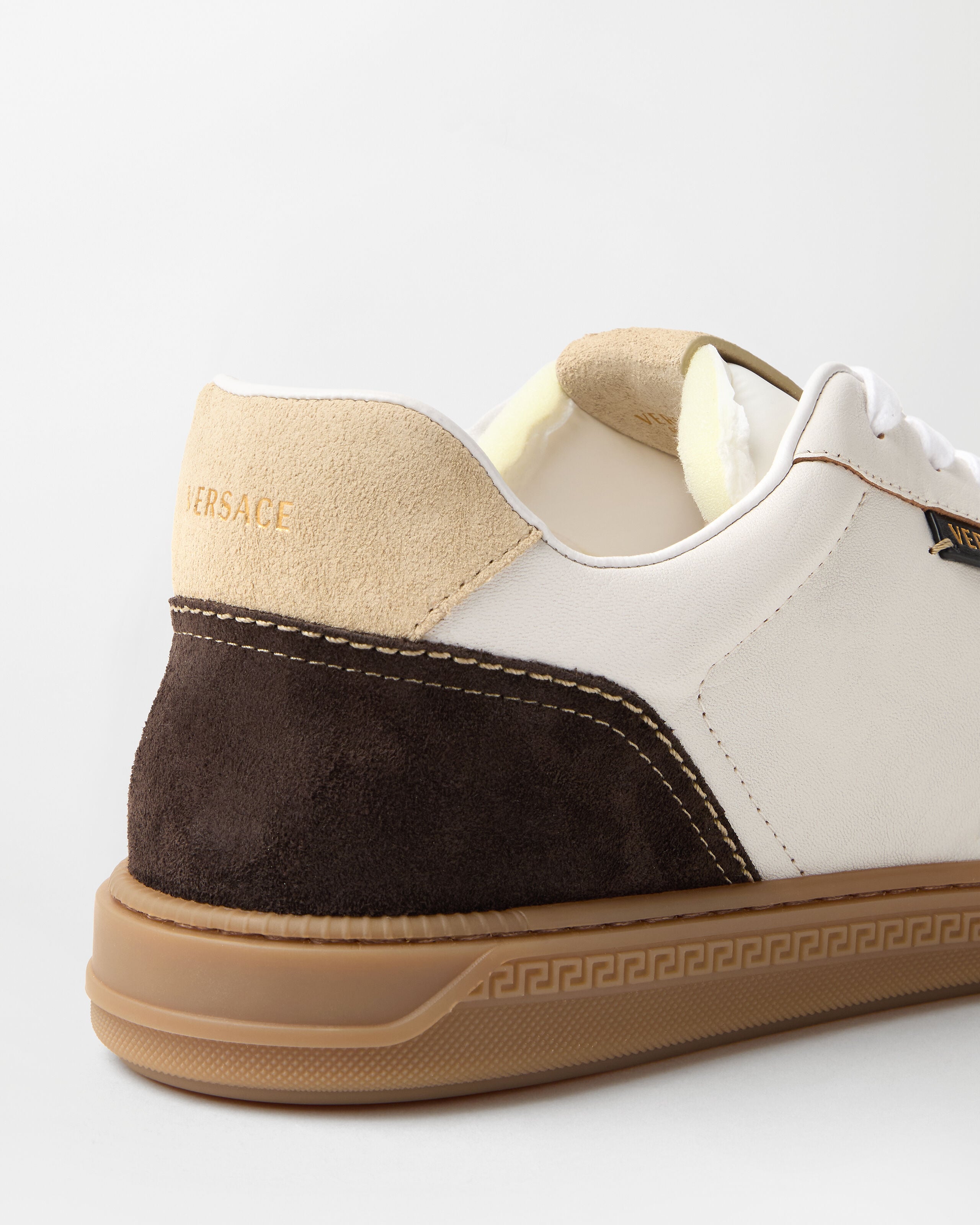 Greca Court Nappa & Suede Sneakers Brown,White | VERSACE US