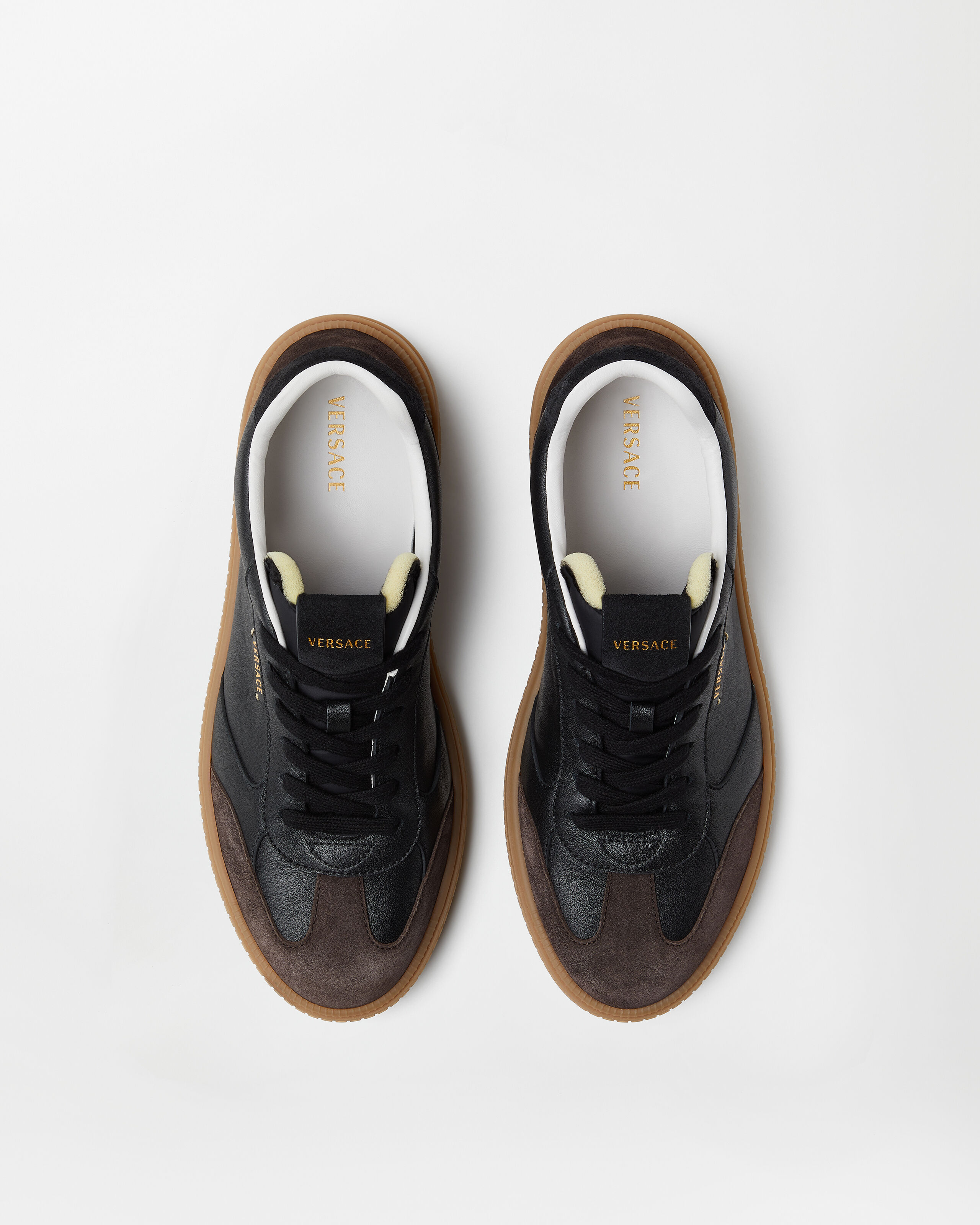 Greca Court Nappa & Suede Sneakers Black,Brown | VERSACE US