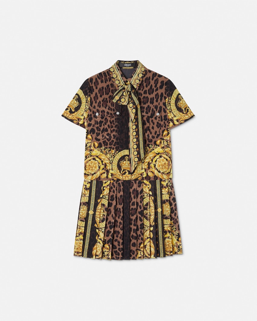 Wild Barocco Lavallière Pleated Mini Dress Animalier | VERSACE
