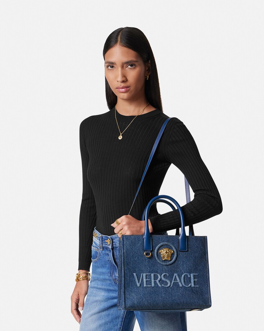 Versace La Medusa Small Denim Tote Blue 3