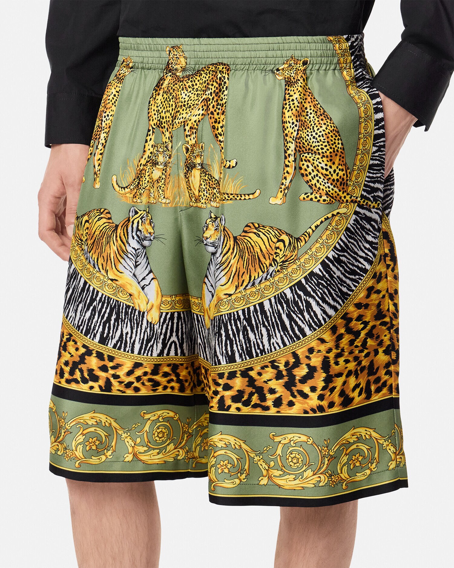 Wild Cats Silk Shorts Green,Black | VERSACE US