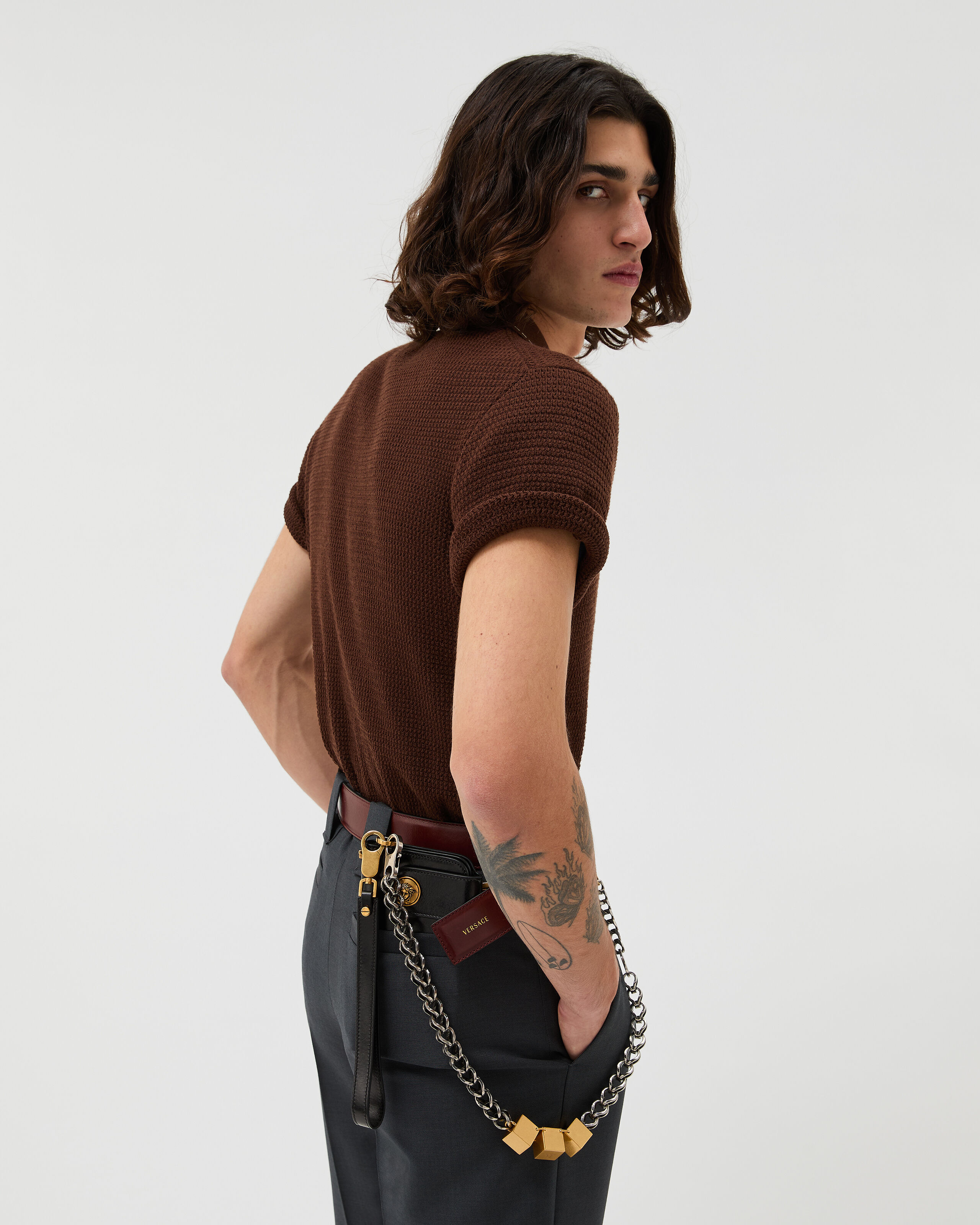 Cotton Knit Shirt Brown | VERSACE US