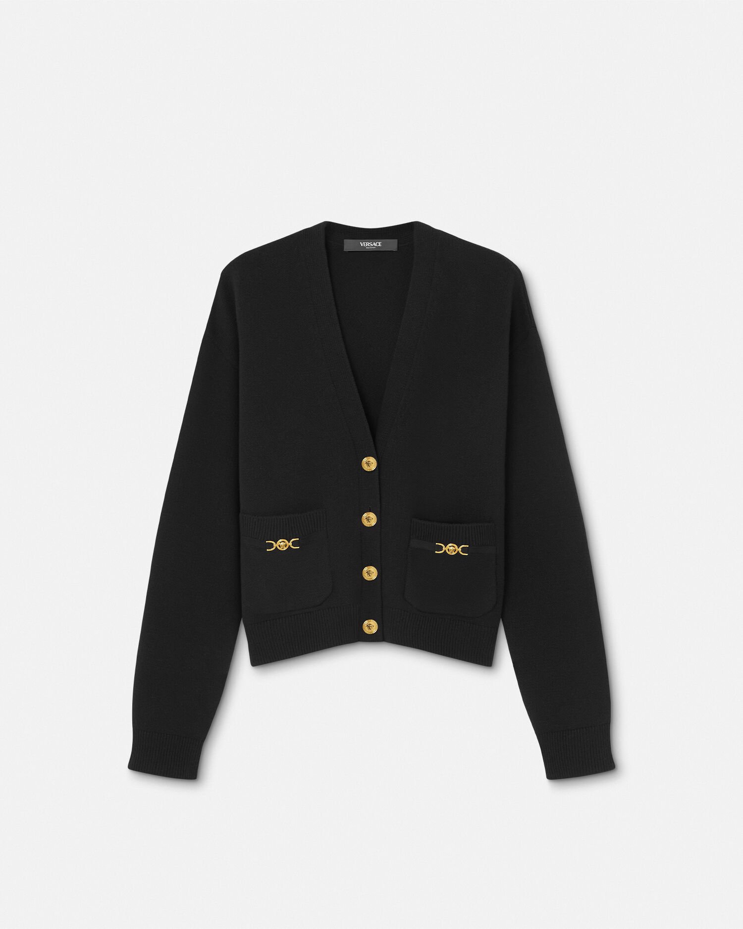 Cashmere-Wool Knit Boxy Cardigan Black | VERSACE US