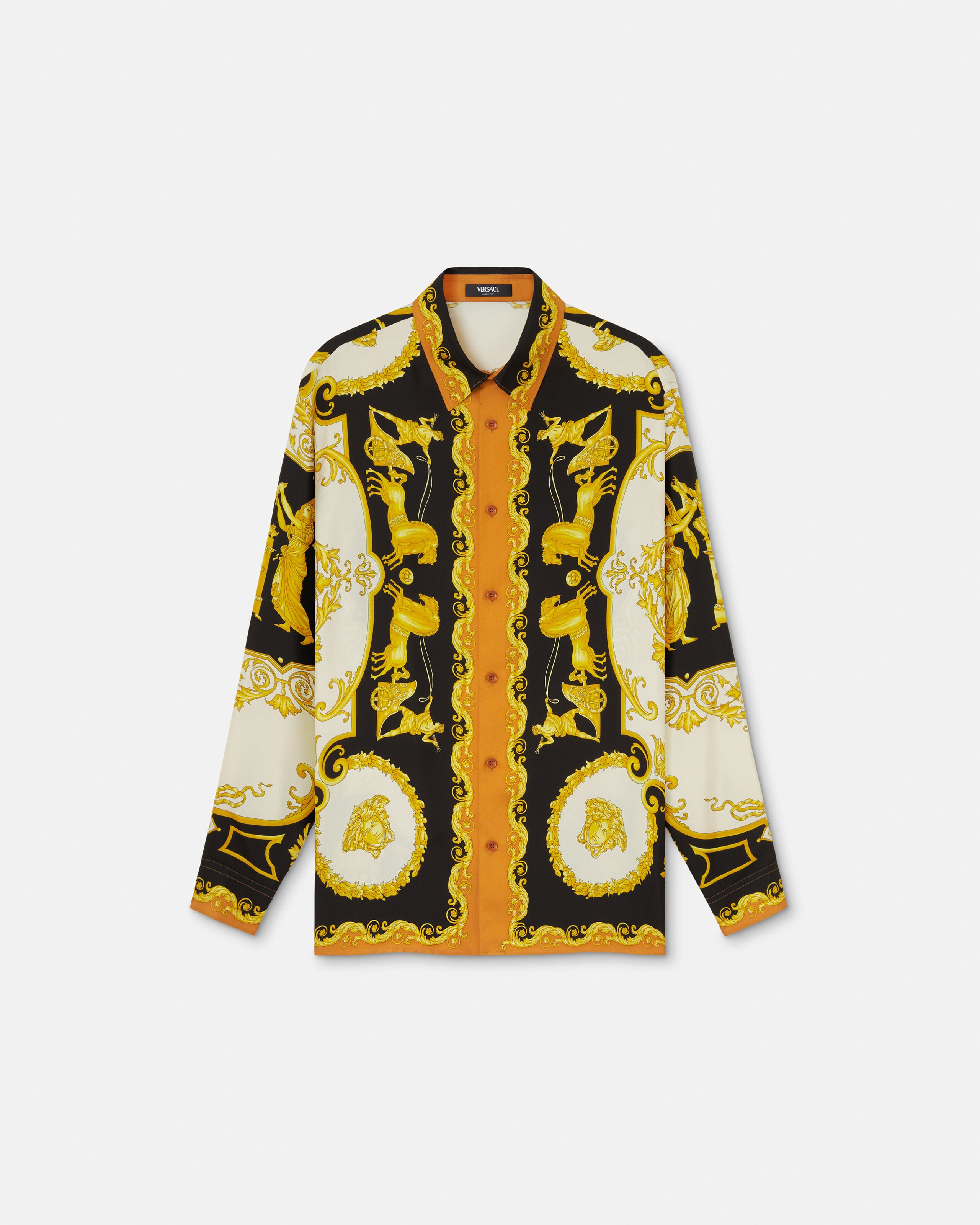Printed Silk Twill Regular Shirt Black,Gold | VERSACE US