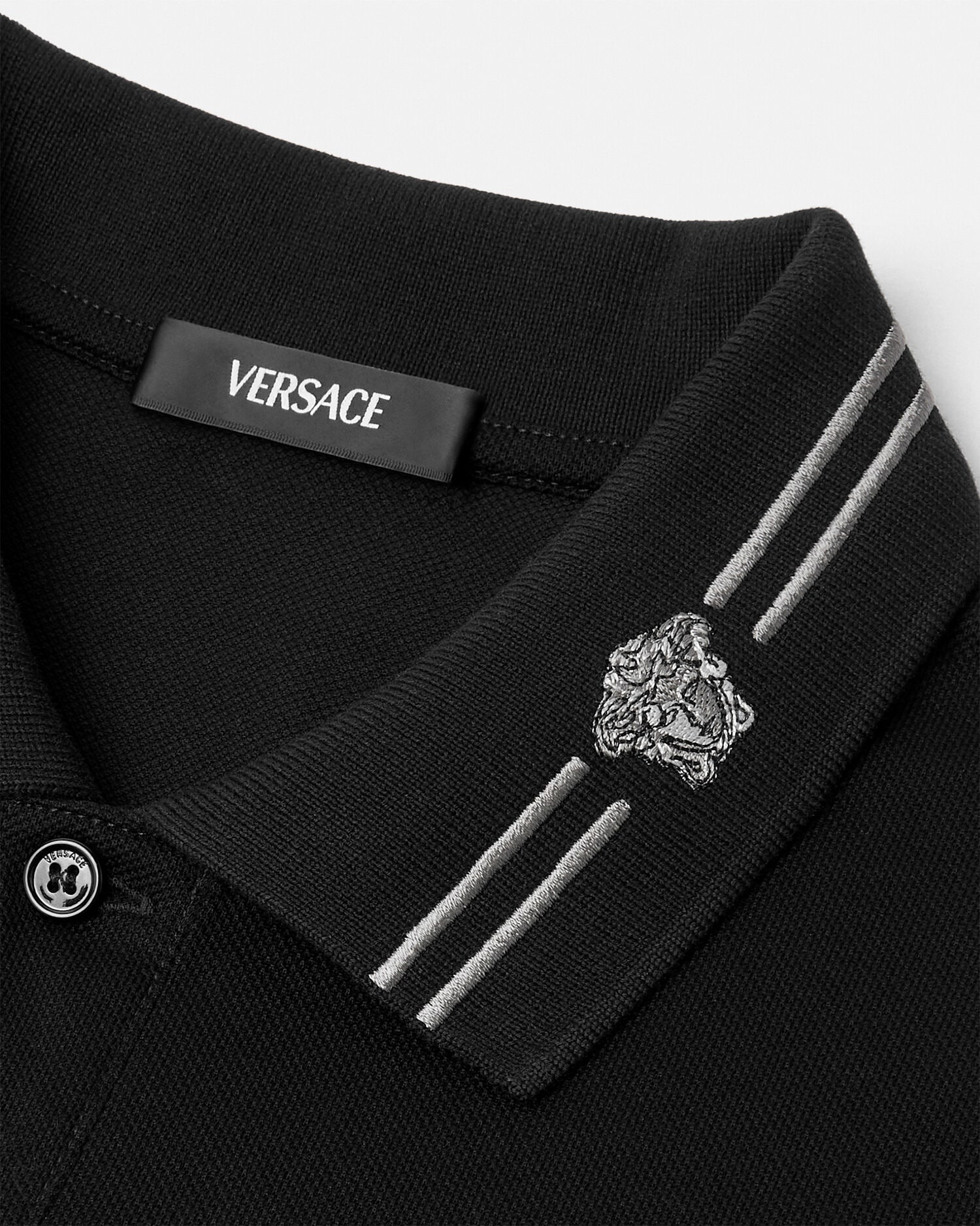 Embroidered Cotton Piqué Polo Black | VERSACE US
