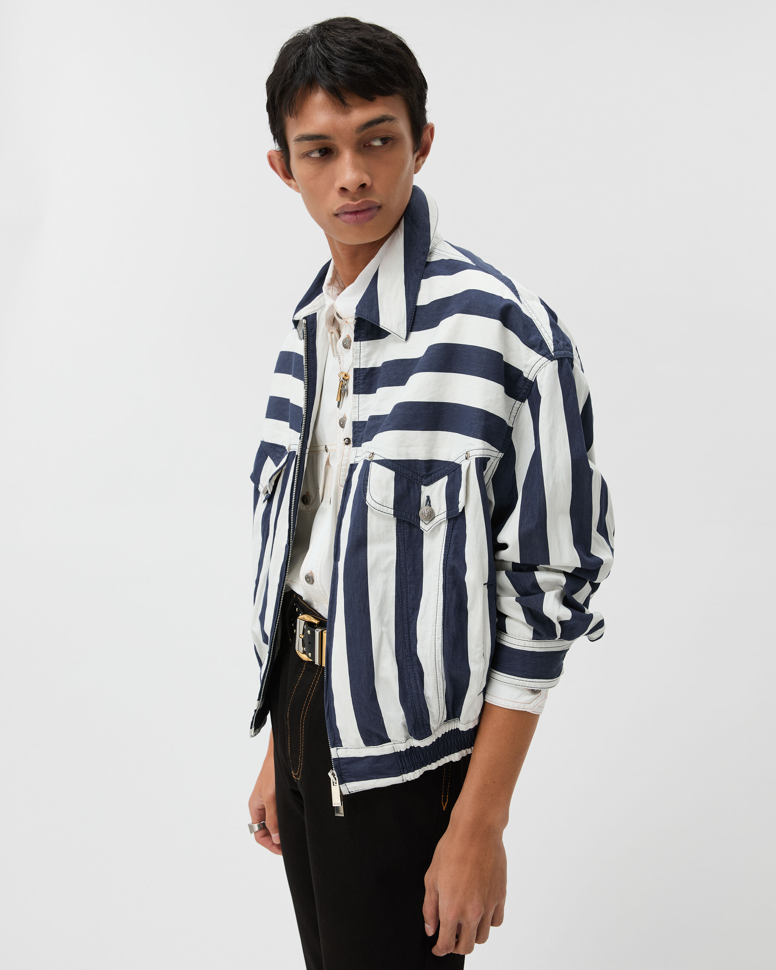Striped Cotton Denim Blouson White,Blue | VERSACE US