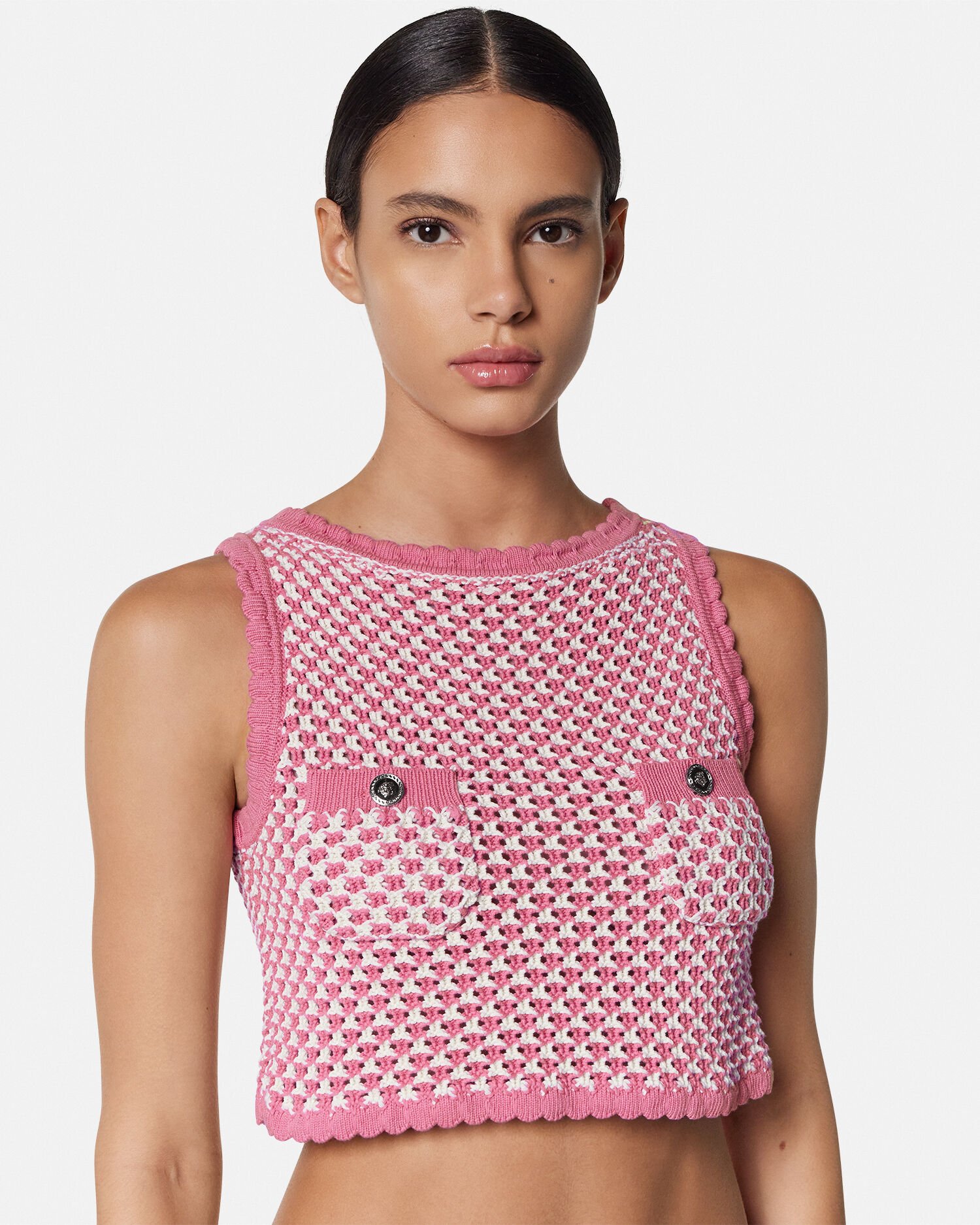 Crochet Boxy Knit Top Pink,White | VERSACE US