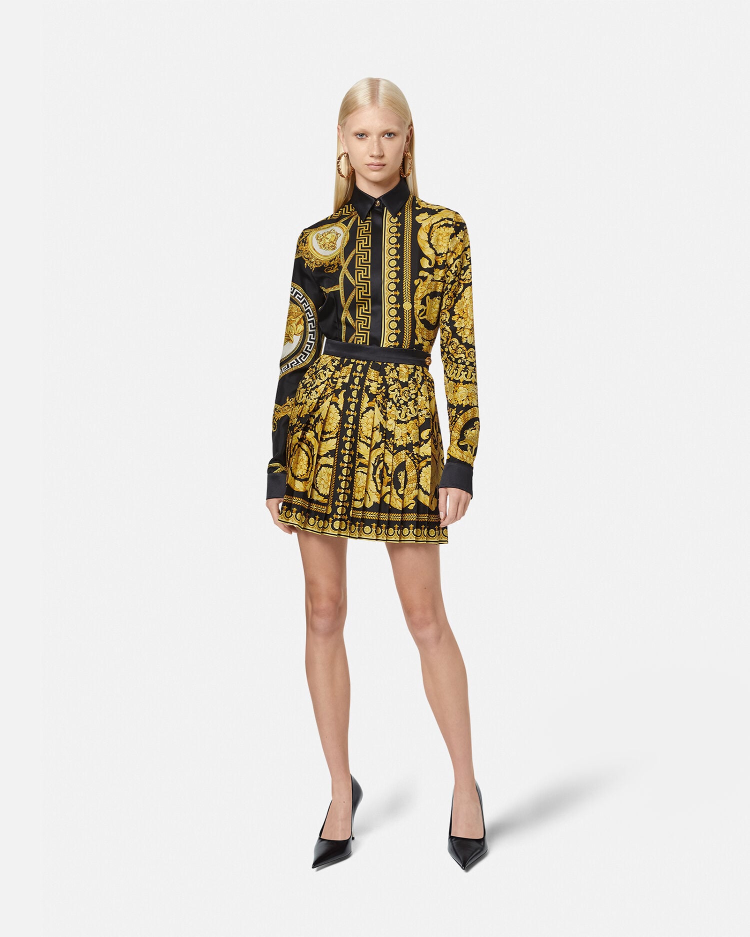 Printed Silk Twill Pleated Mini Skirt Black,Print | VERSACE US