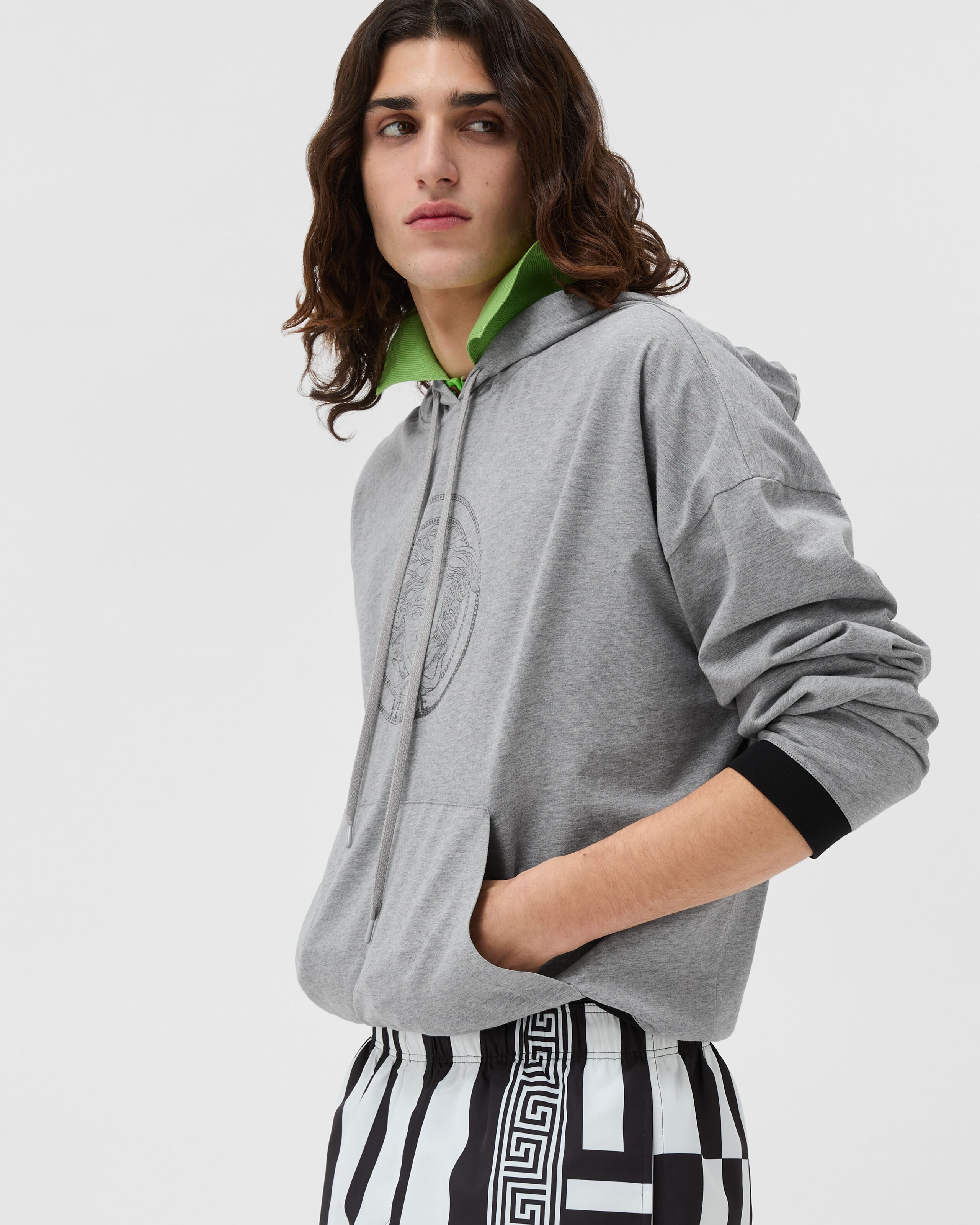 Printed Cotton-Jersey Hoodie Gray | VERSACE