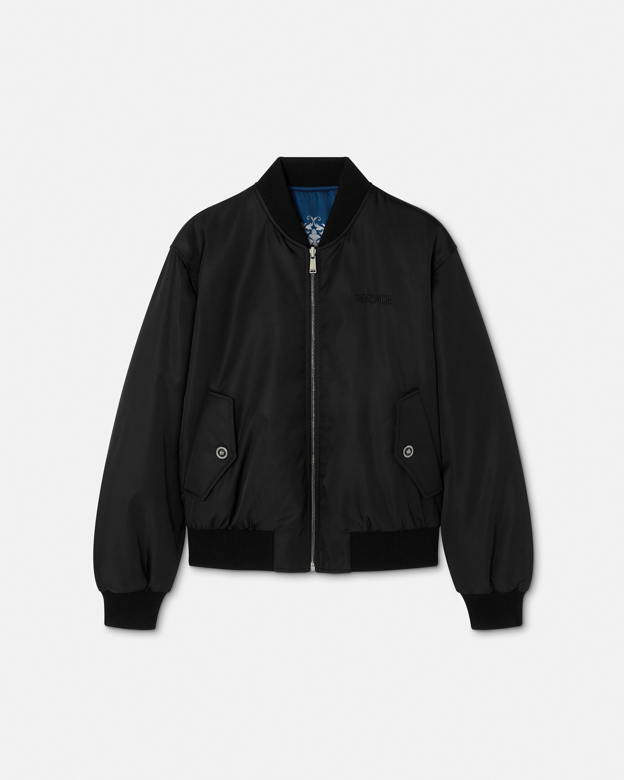 Printed Nylon Reversible Bomber Black,Blue | VERSACE