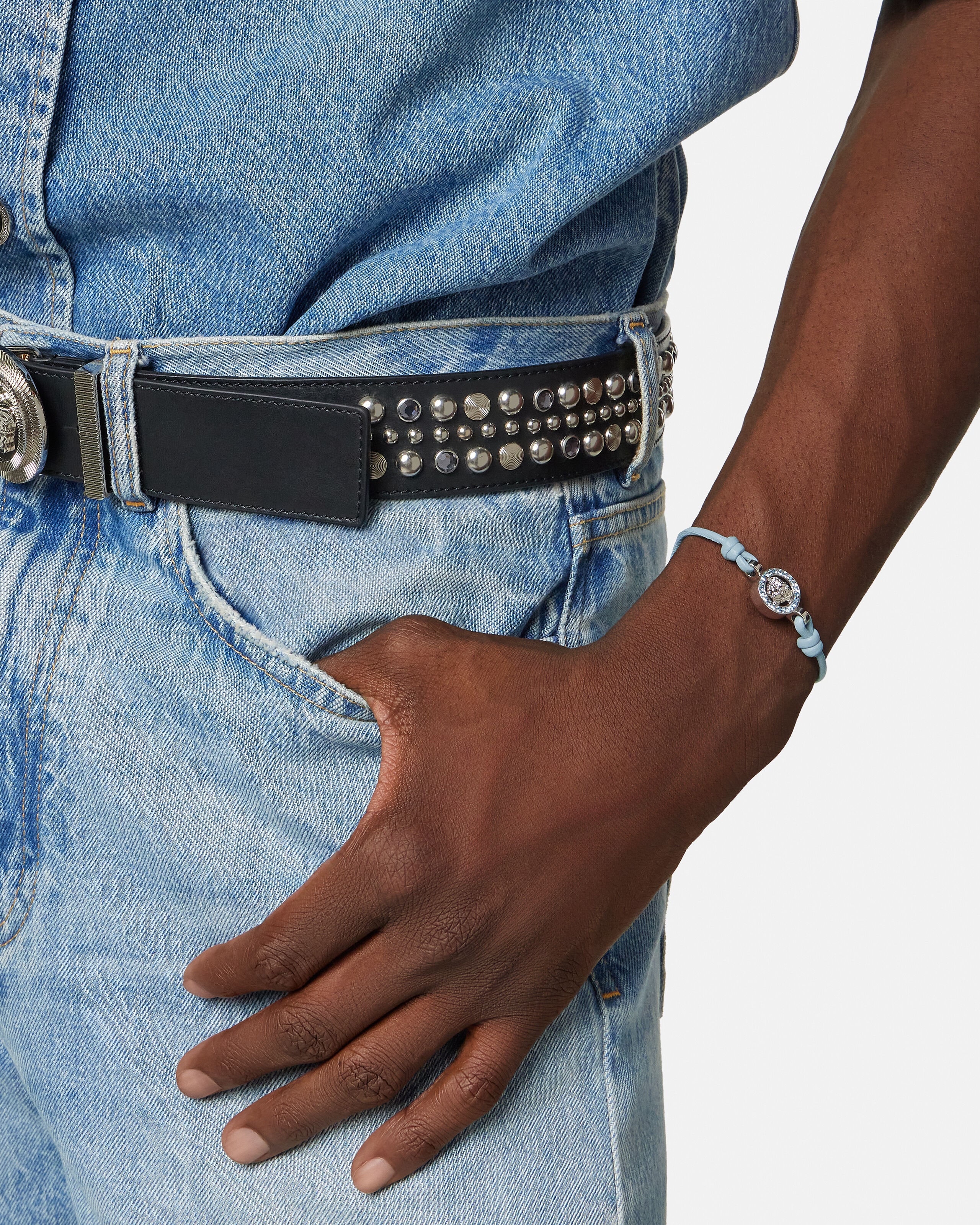 Medusa '95 Crystal Leather Bracelet Blue | VERSACE US