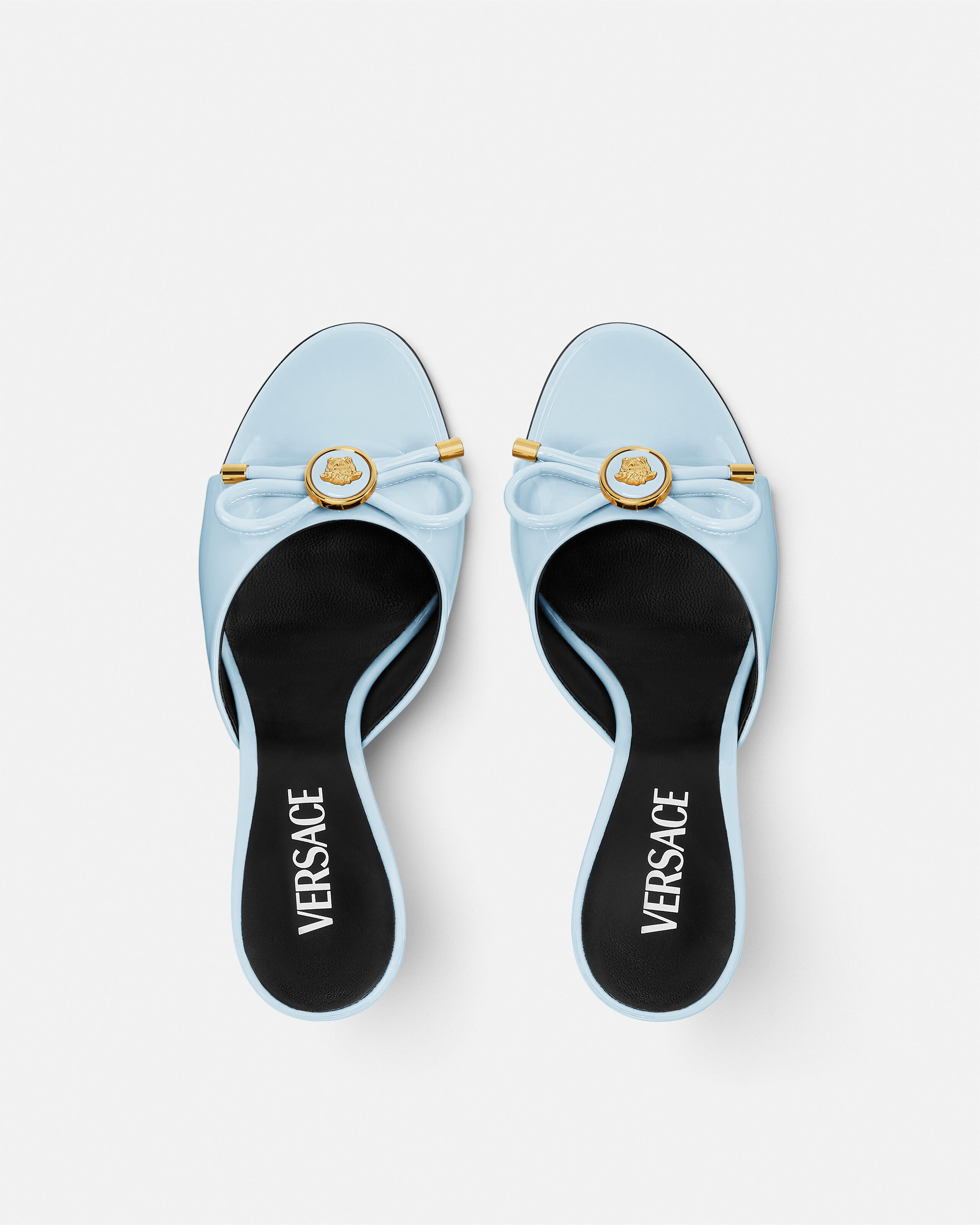Opera Bow Patent Mules 85 mm Blue | VERSACE US