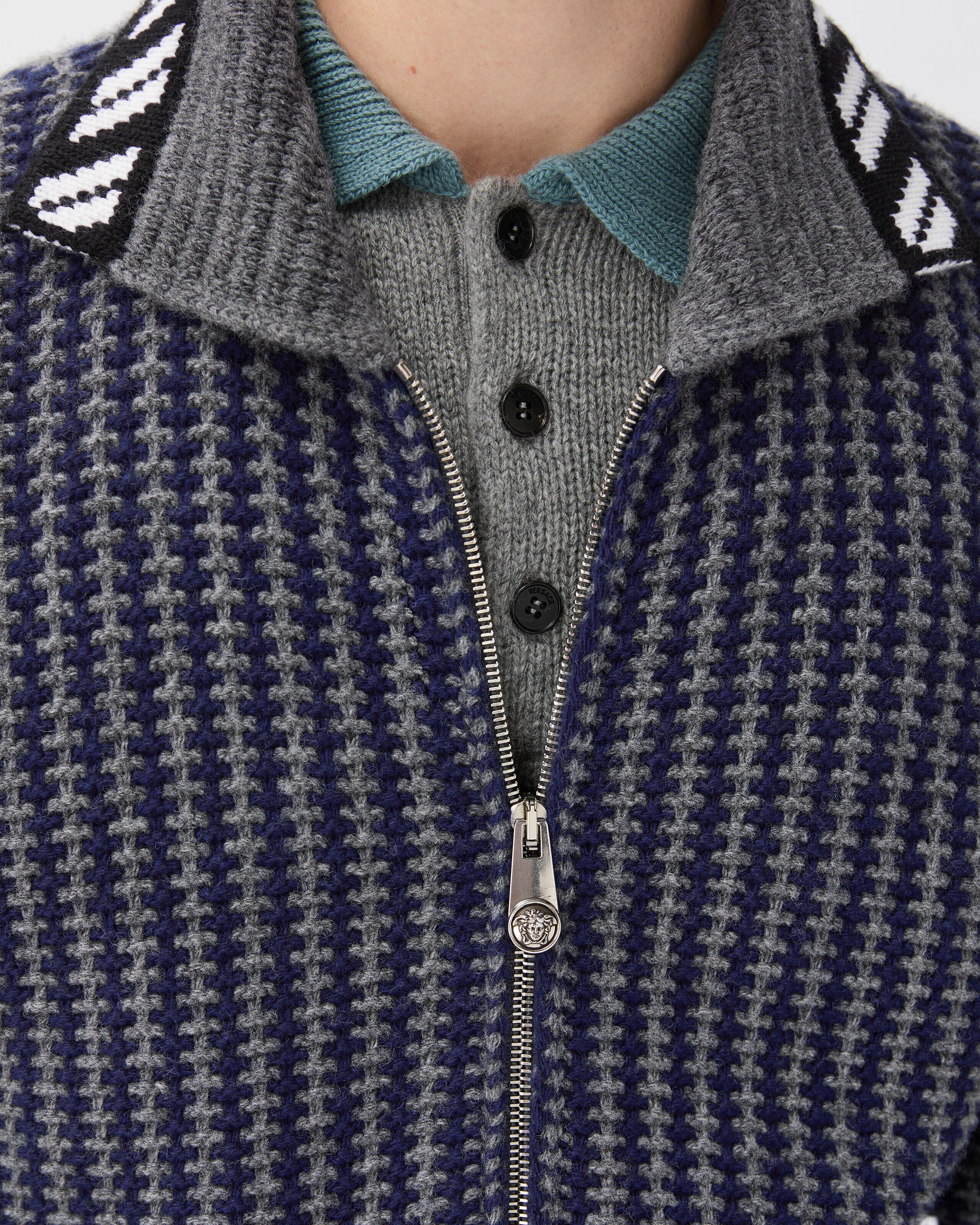 Intarsia Wool Knit Zip Cardigan Blue,Gray | VERSACE CA