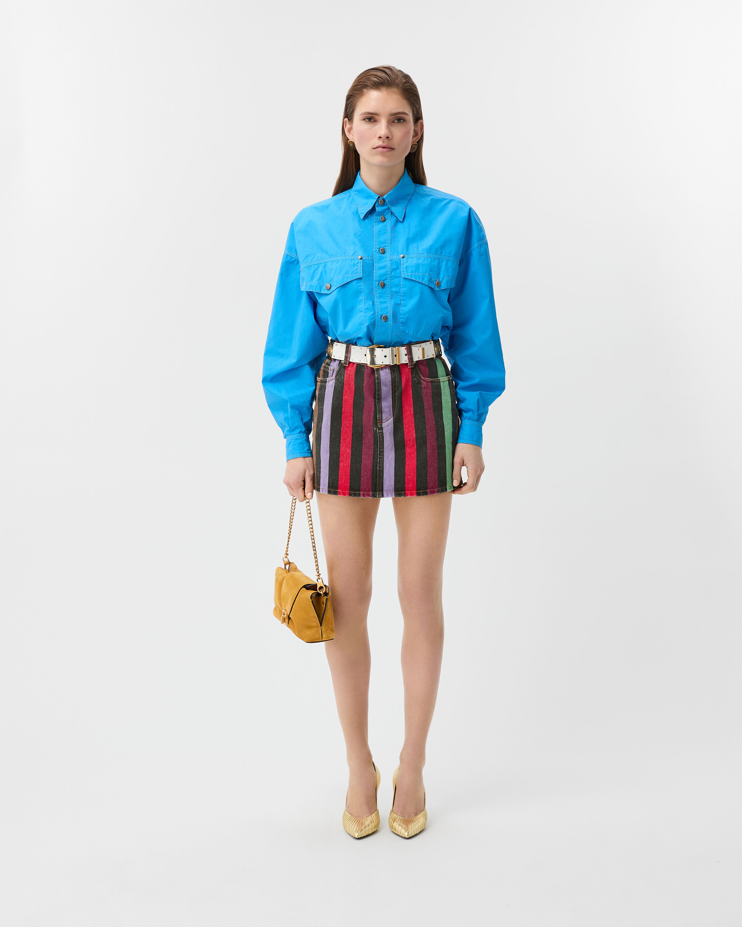 Striped Denim Mini Skirt Multicolor | VERSACE US